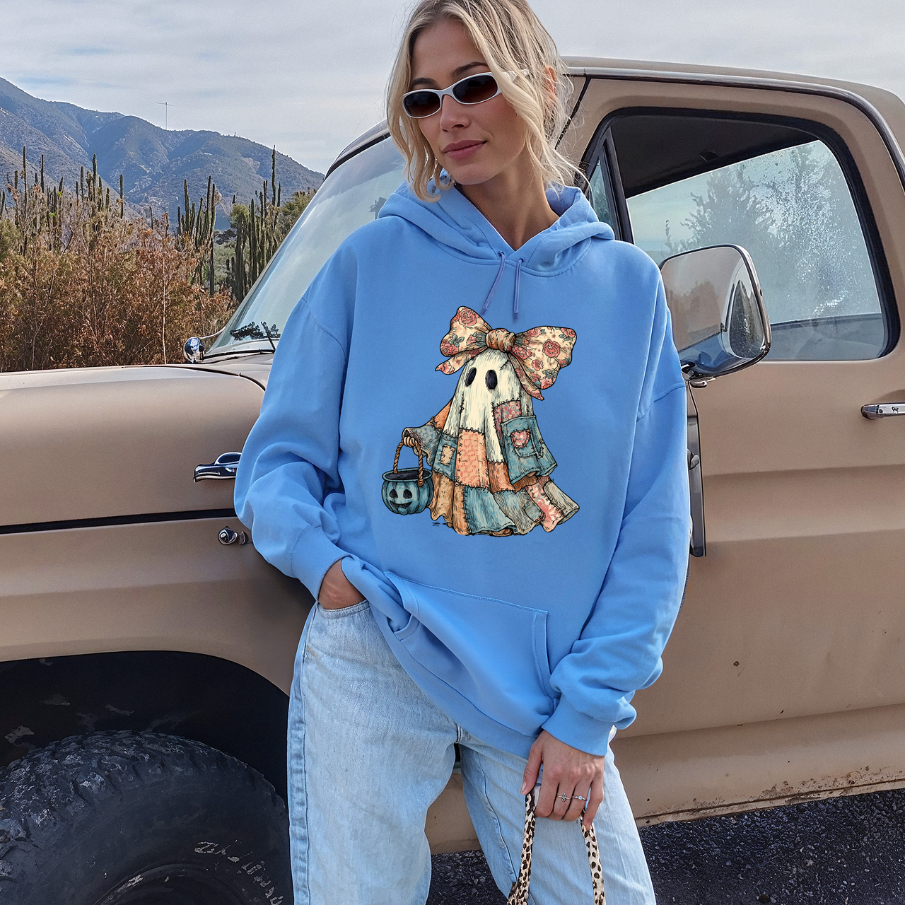 Retro Halloween Faux Denim Ghost Patchwork Spooky Ghost Coquette Hooded Sweatshirt