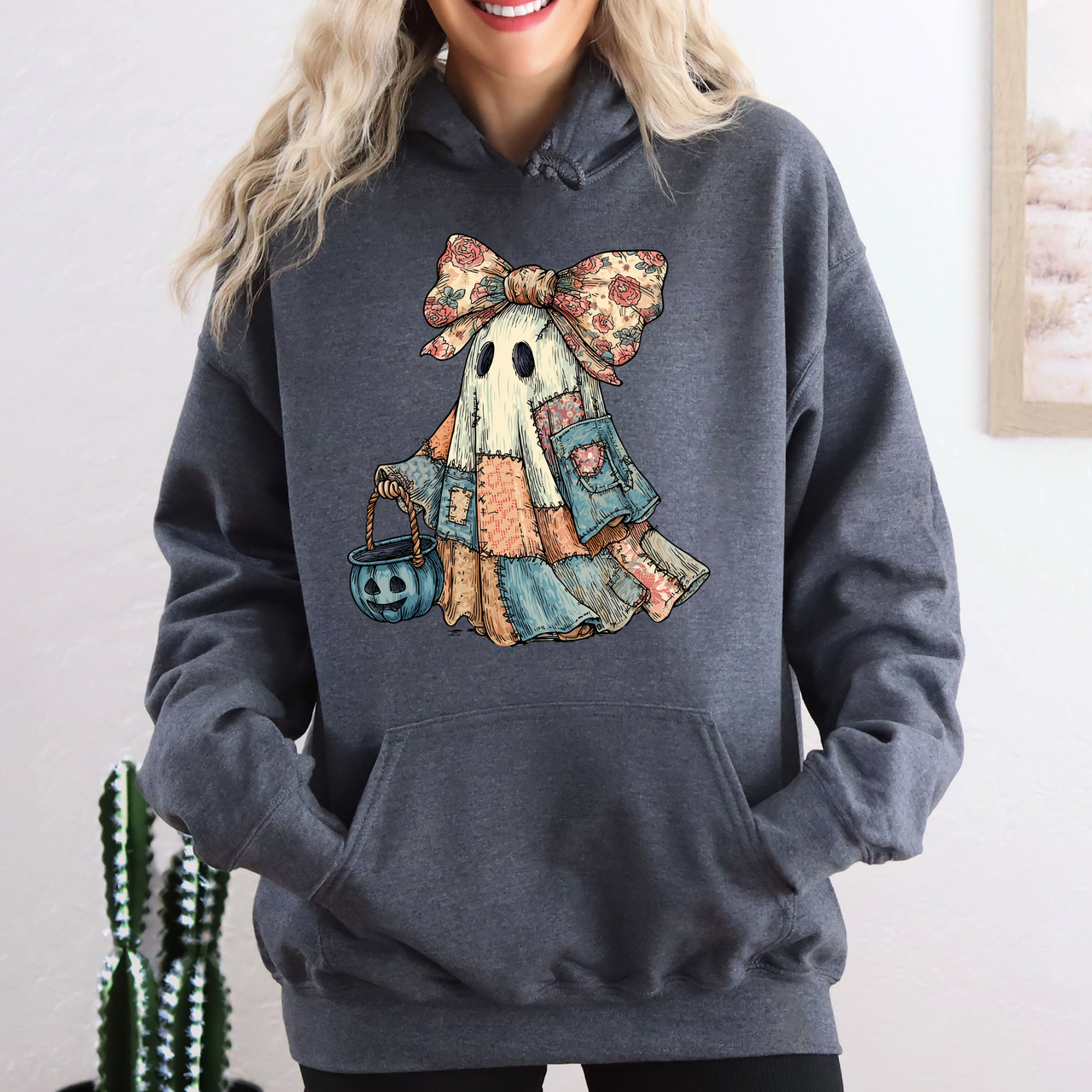 Retro Halloween Faux Denim Ghost Patchwork Spooky Ghost Coquette Hooded Sweatshirt