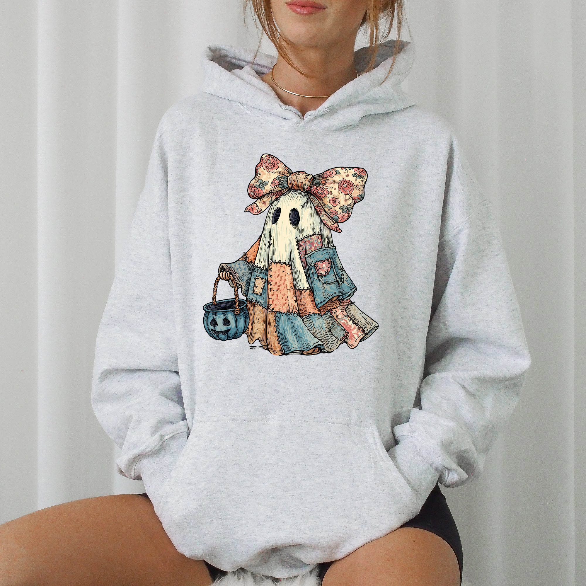 Retro Halloween Faux Denim Ghost Patchwork Spooky Ghost Coquette Hooded Sweatshirt