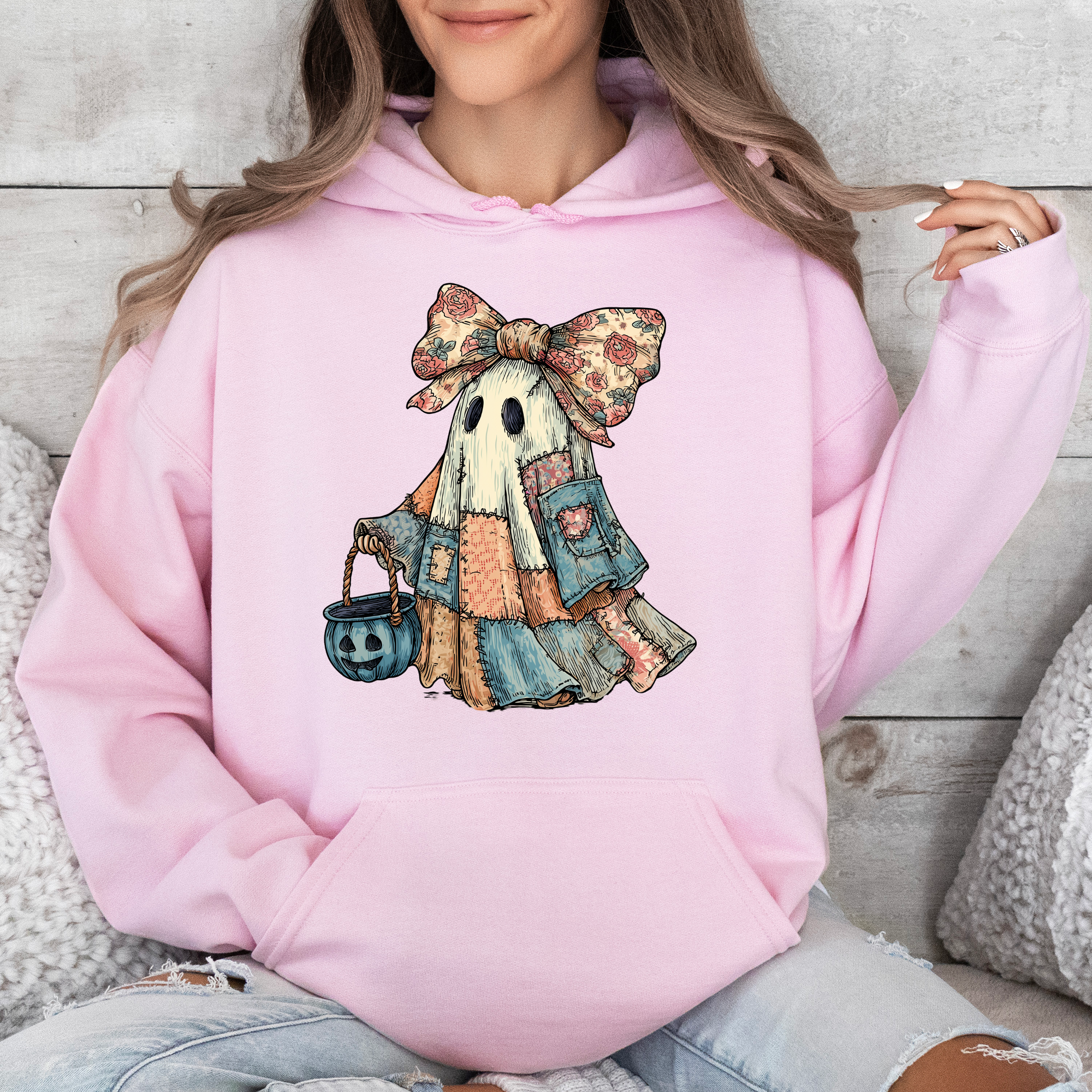 Retro Halloween Faux Denim Ghost Patchwork Spooky Ghost Coquette Hooded Sweatshirt