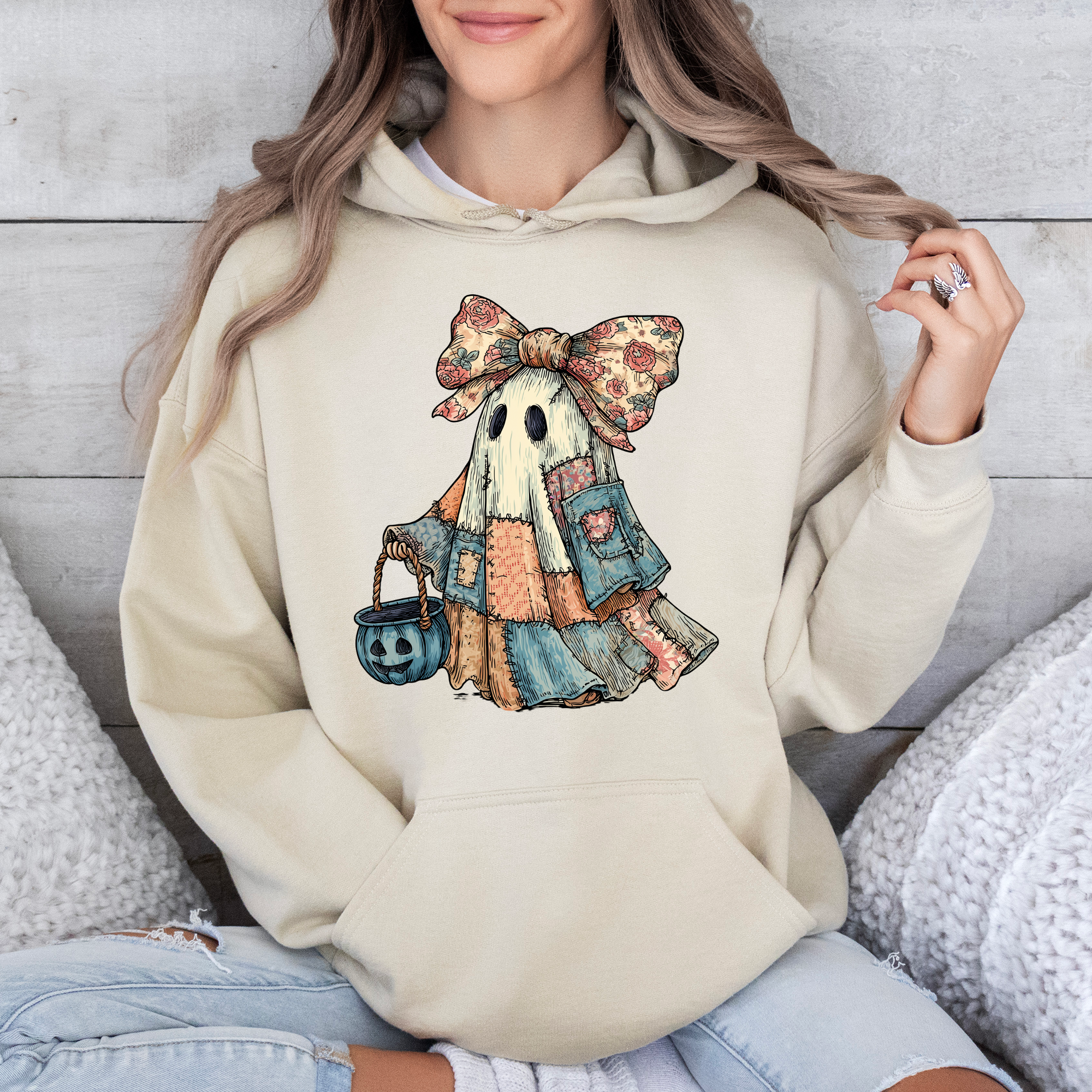 Retro Halloween Faux Denim Ghost Patchwork Spooky Ghost Coquette Hooded Sweatshirt