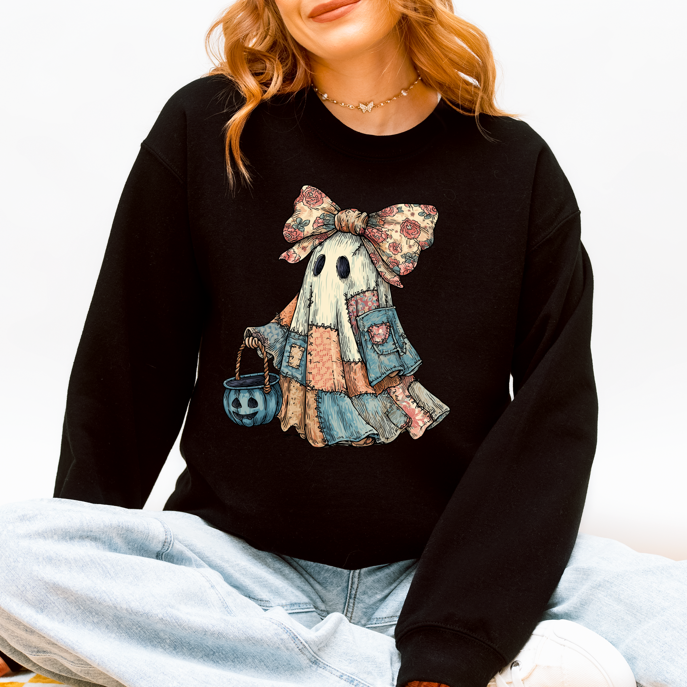Retro Halloween Faux Denim Ghost Patchwork Spooky Ghost Coquette Boo Pumpkin Spooky Season Sweatshirt