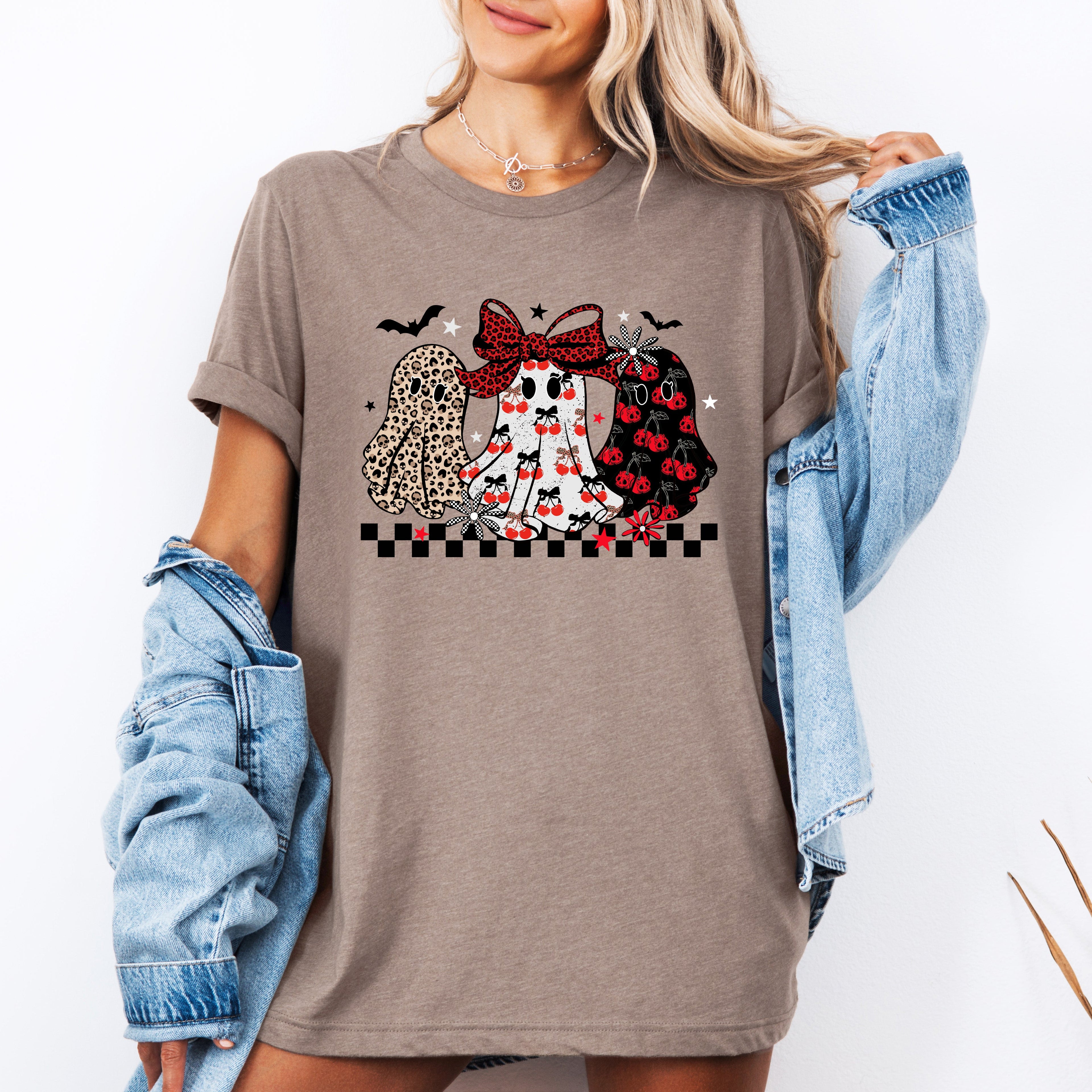 Retro Halloween Ghosts Checkered Pattern Vintage Playful Ghost Motif Graphic Tee