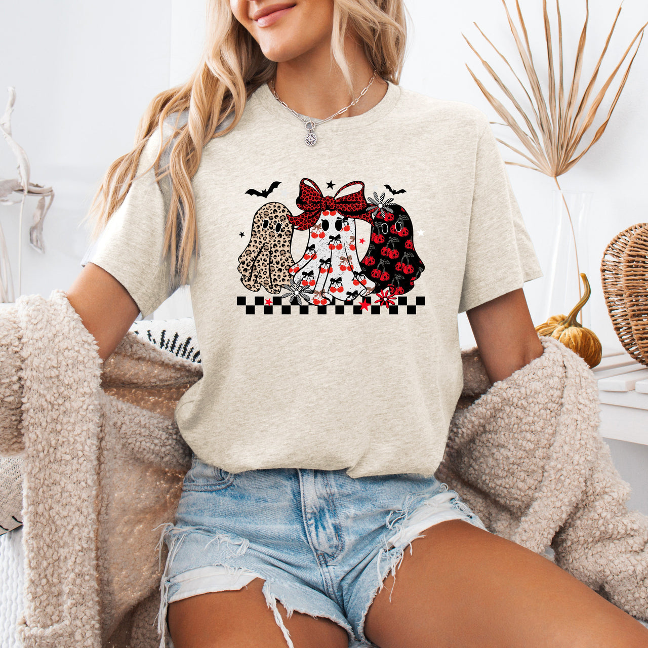 Retro Halloween Ghosts Checkered Pattern Vintage Playful Ghost Motif Graphic Tee