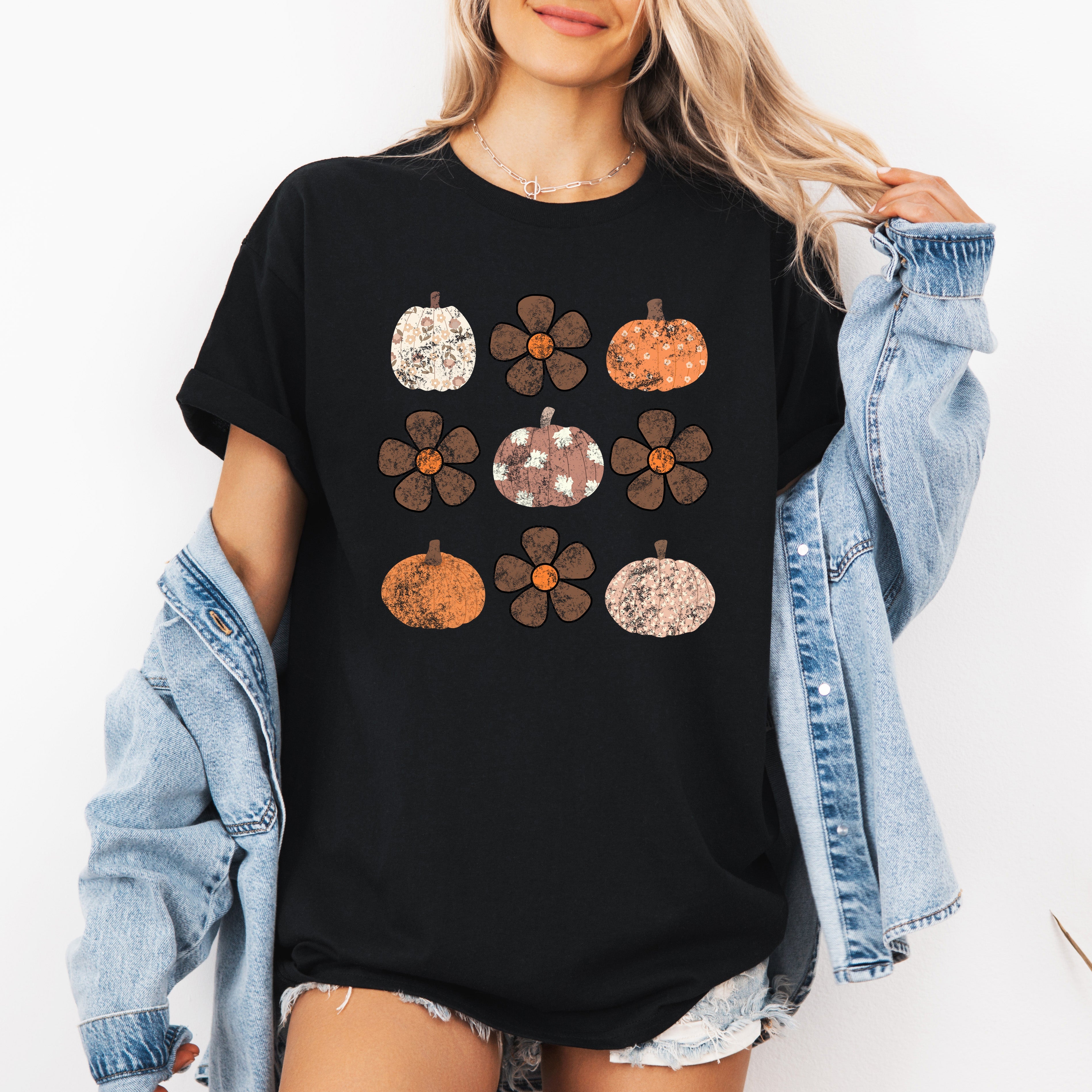 Retro Halloween Flowers Pumpkins Patterned Autumn Leaves Vintage Style Graphic Tee