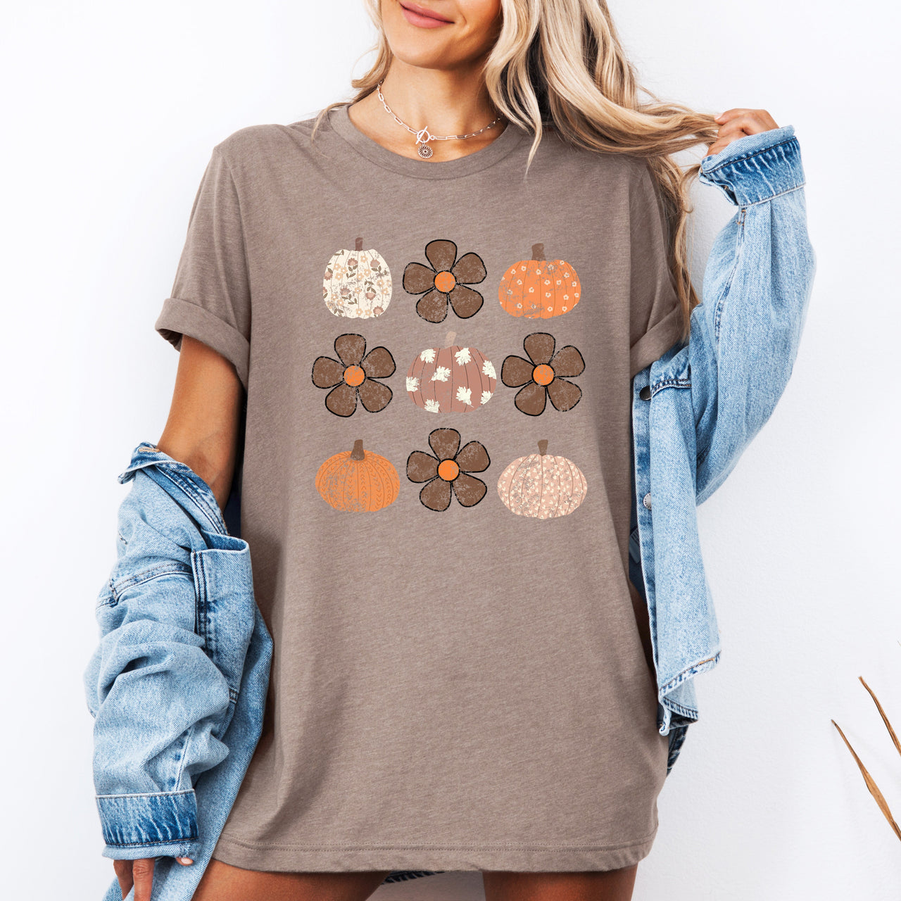 Retro Halloween Flowers Pumpkins Patterned Autumn Leaves Vintage Style Graphic Tee