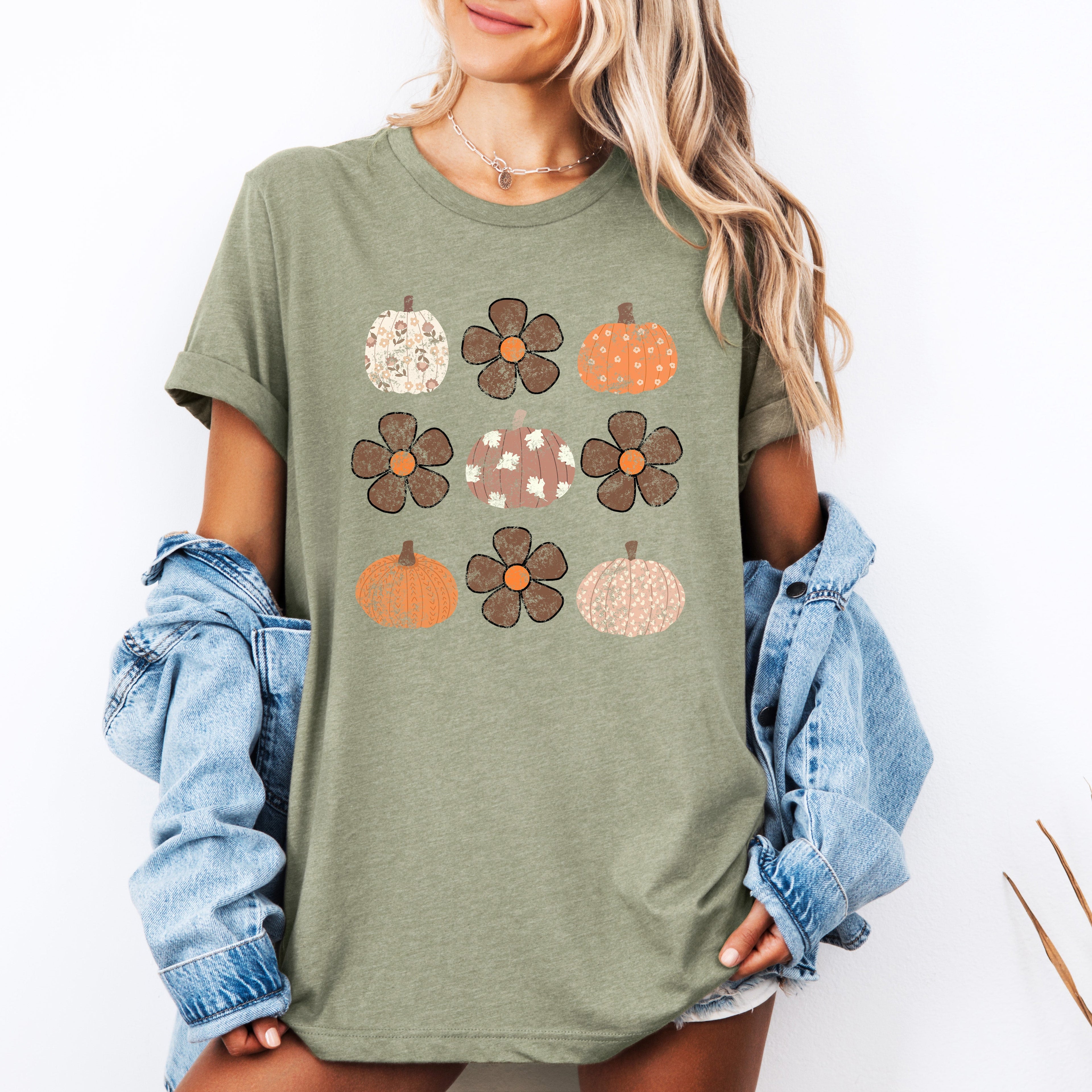 Retro Halloween Flowers Pumpkins Patterned Autumn Leaves Vintage Style Graphic Tee