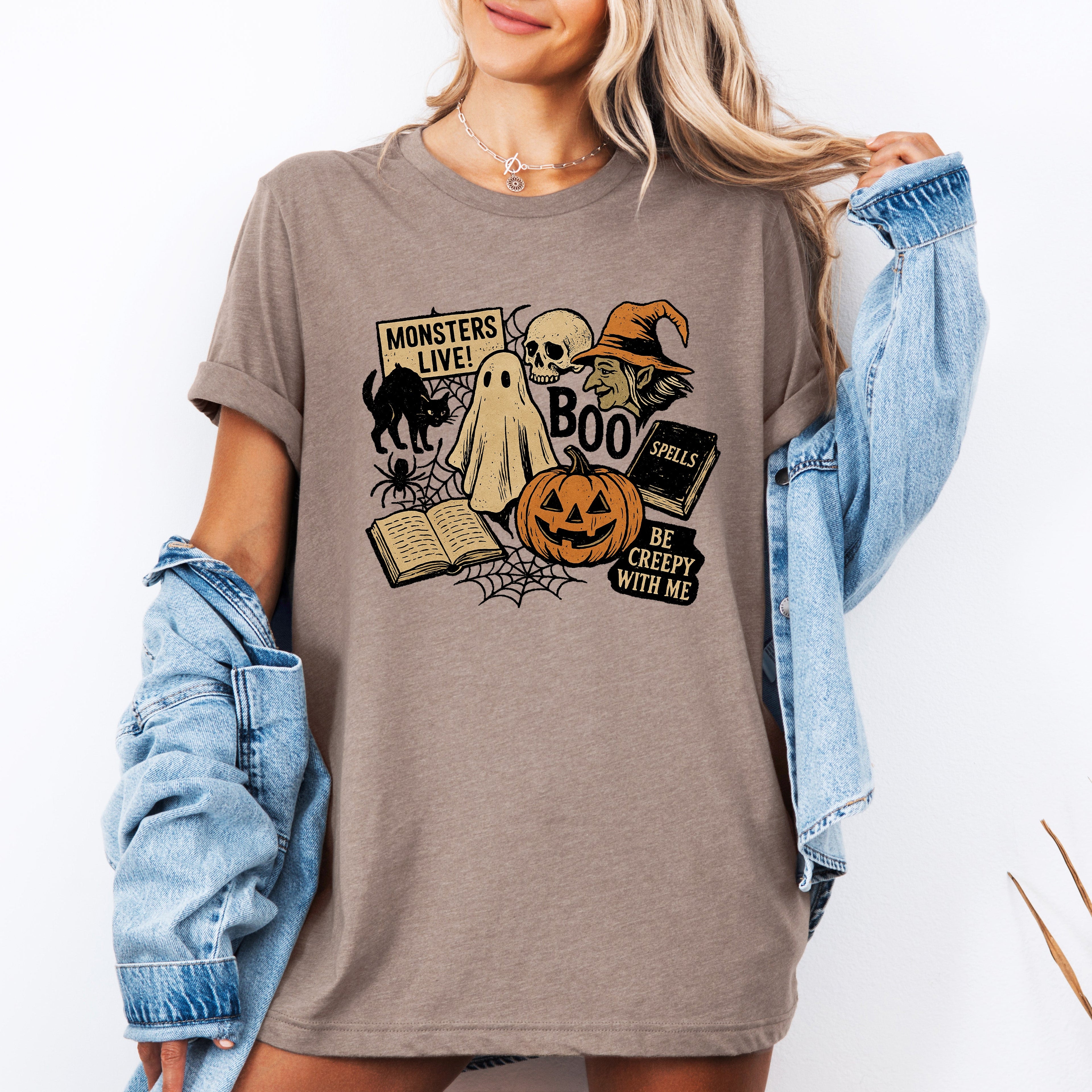 Retro Halloween Monsters Witch Creepy Checkered Pattern Ghosts Bats Bold Graphic Tee