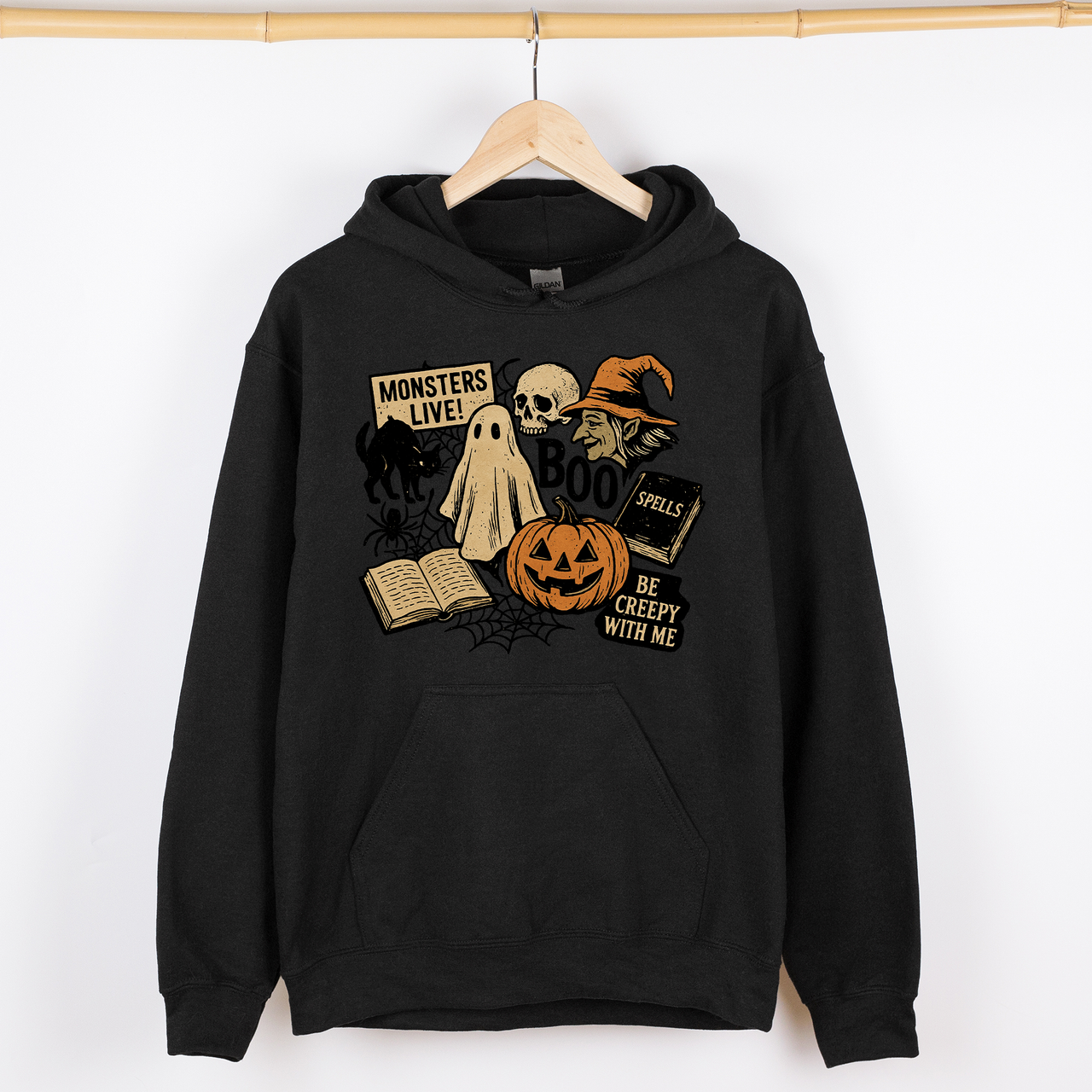 Retro Halloween Monsters Witch Creepy Reading Ghost Vintage Illustration Graphic Hoodie