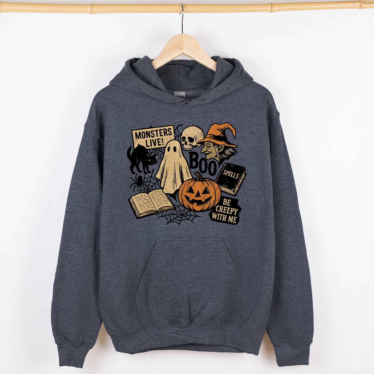 Retro Halloween Monsters Witch Creepy Reading Ghost Vintage Illustration Graphic Hoodie
