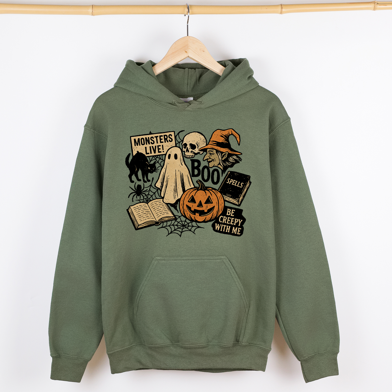 Retro Halloween Monsters Witch Creepy Reading Ghost Vintage Illustration Graphic Hoodie