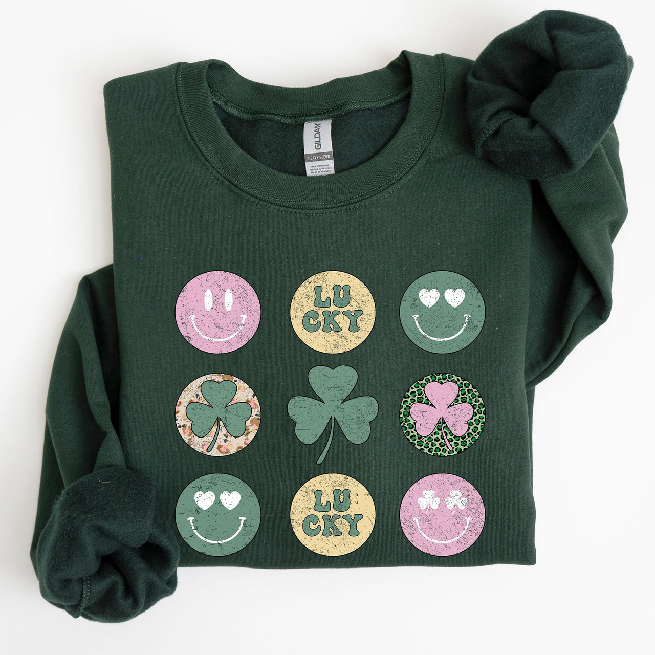 Retro Lucky Smileys St Patrick's Day Edition Festive Graphic Mood Celebration Sweatshirt