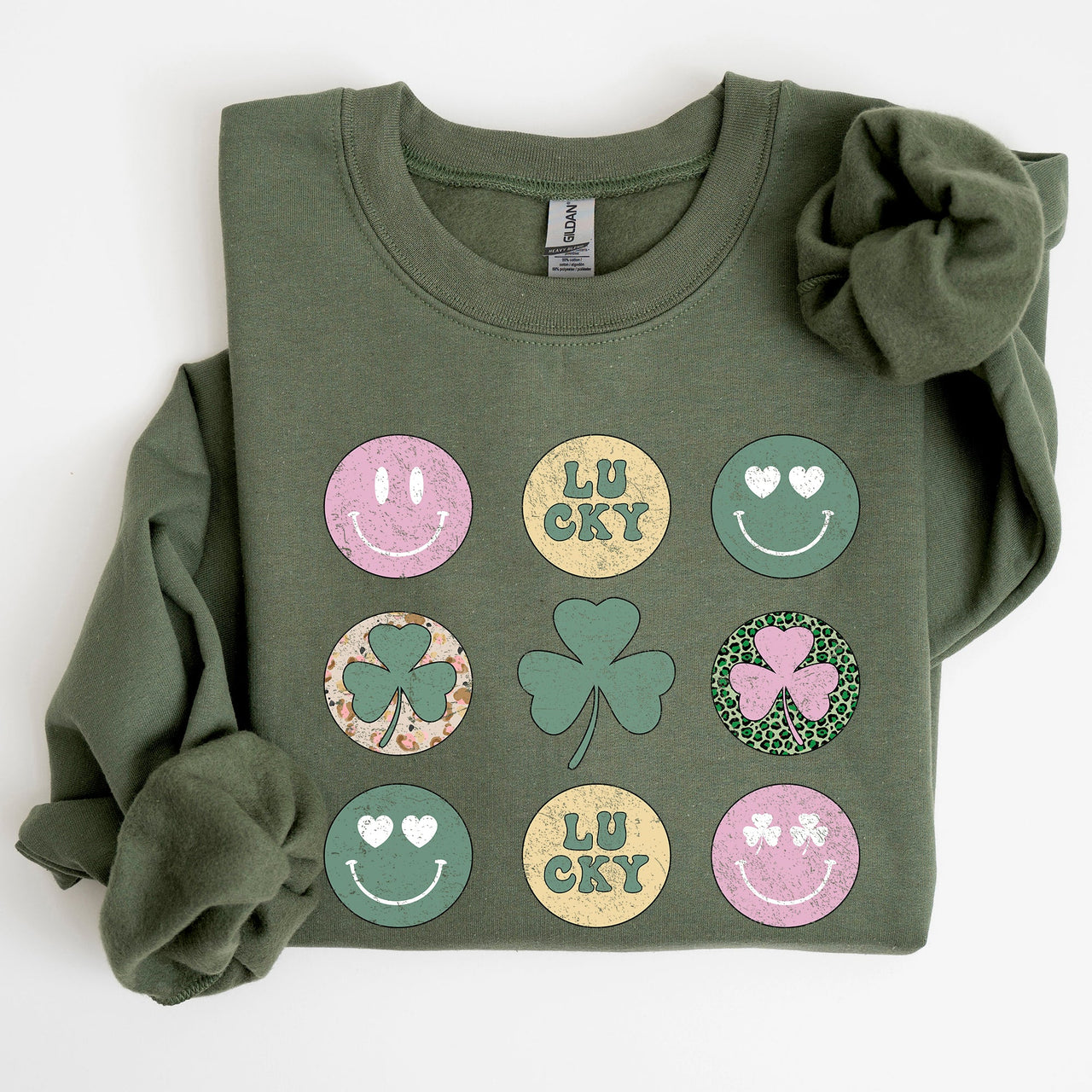 Retro Lucky Smileys St Patrick's Day Edition Festive Graphic Mood Celebration Sweatshirt