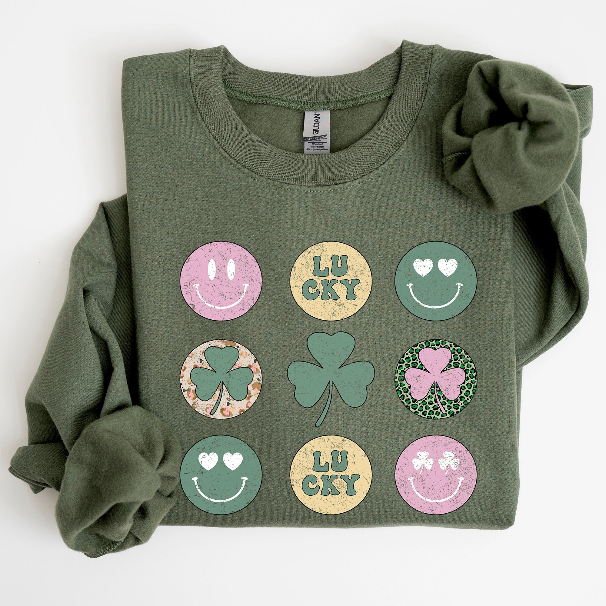 Retro Lucky Smileys St Patrick's Day Edition Festive Graphic Mood Celebration Sweatshirt