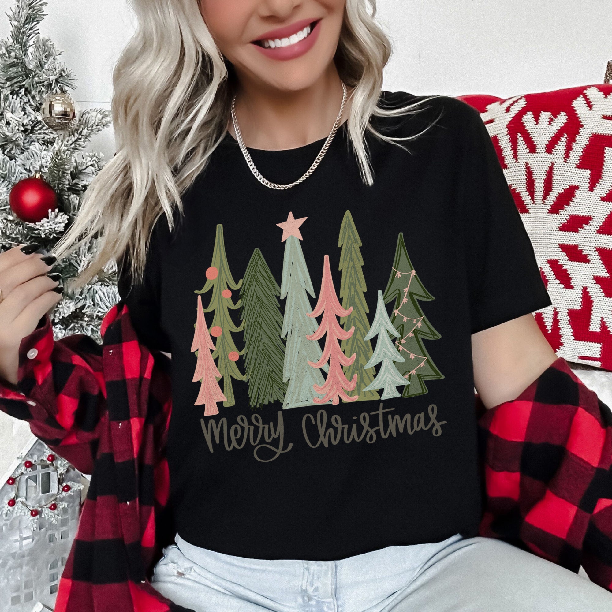 Retro Merry Christmas Trees Pastels Star Ornaments Pattern Vintage Holiday Graphic Tee