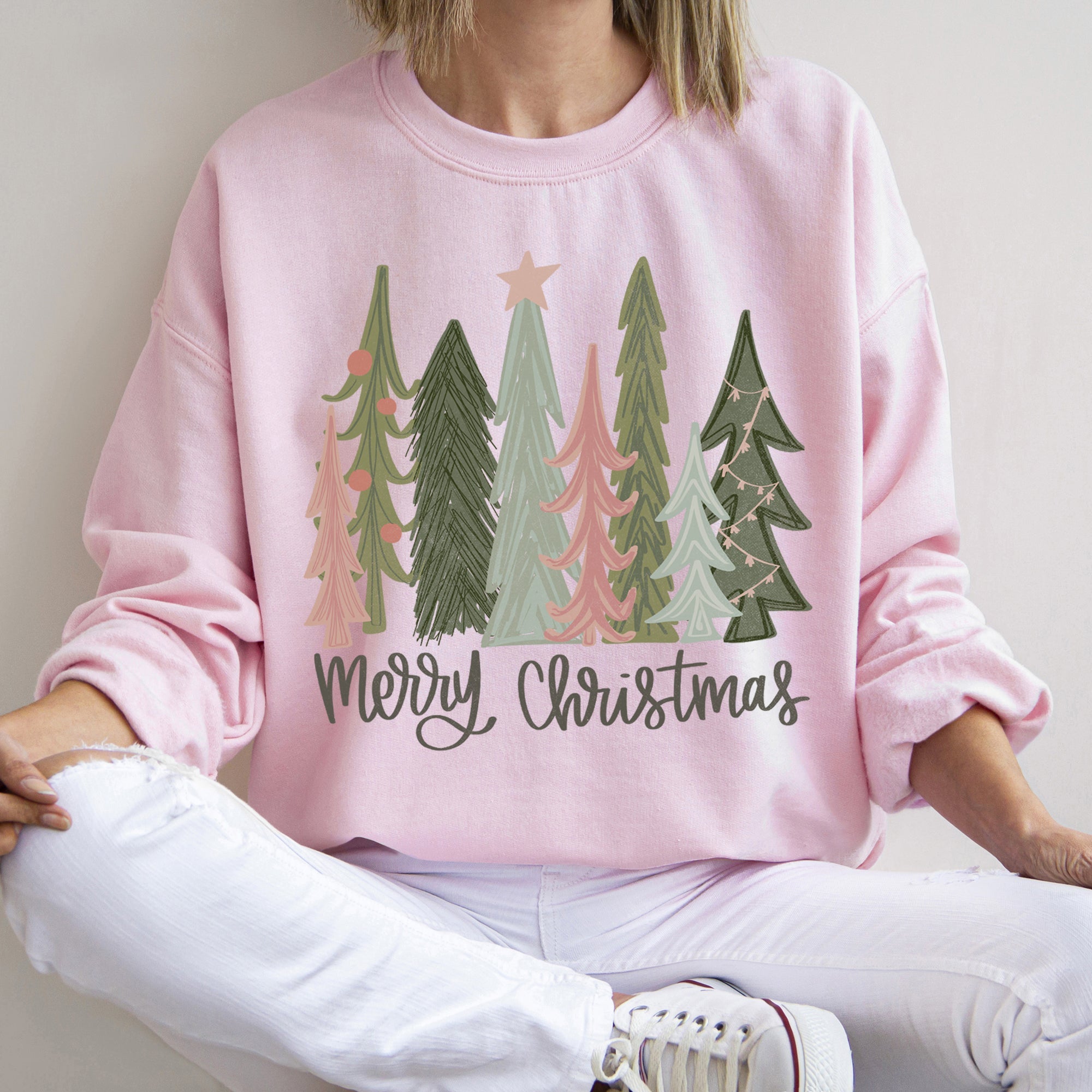 Retro Merry Christmas Trees Vintage Winter Holiday Charm Festive Cozy Graphic Sweatshirt