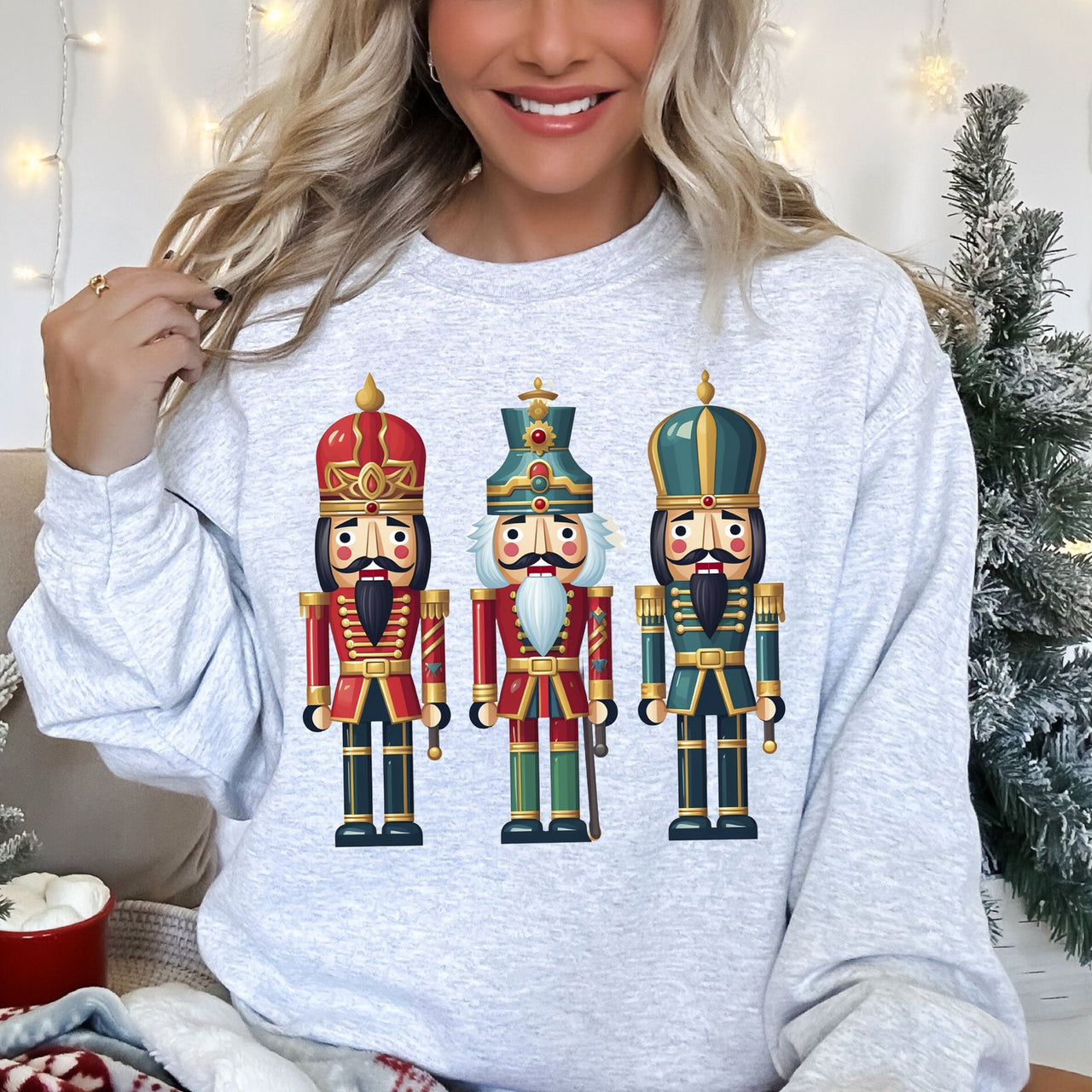 Retro Nutcrackers Classic Colorful Christmas Sweatshirt Cozy Cotton Polyester Blend Warm Fleece Lined