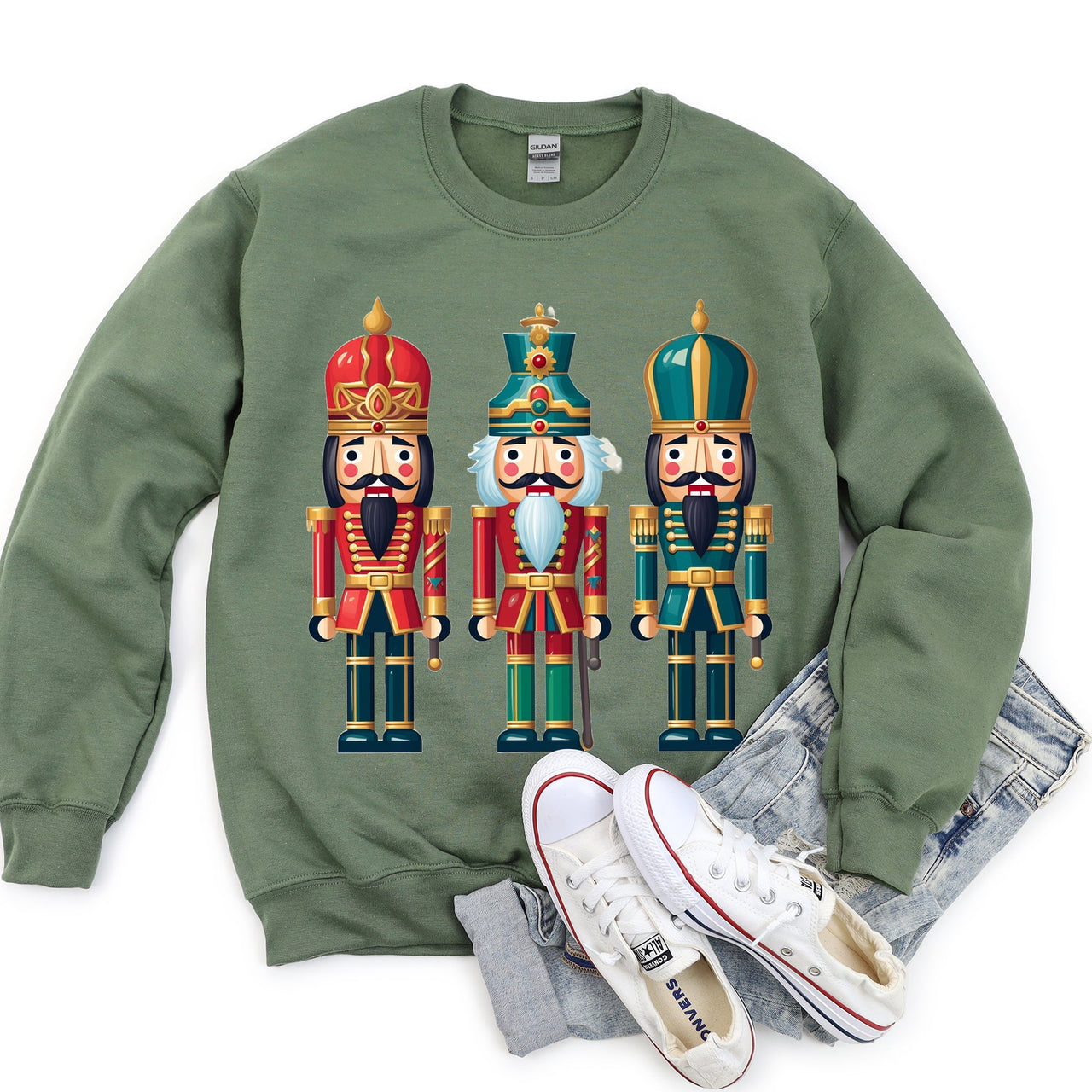 Retro Nutcrackers Classic Colorful Christmas Sweatshirt Cozy Cotton Polyester Blend Warm Fleece Lined