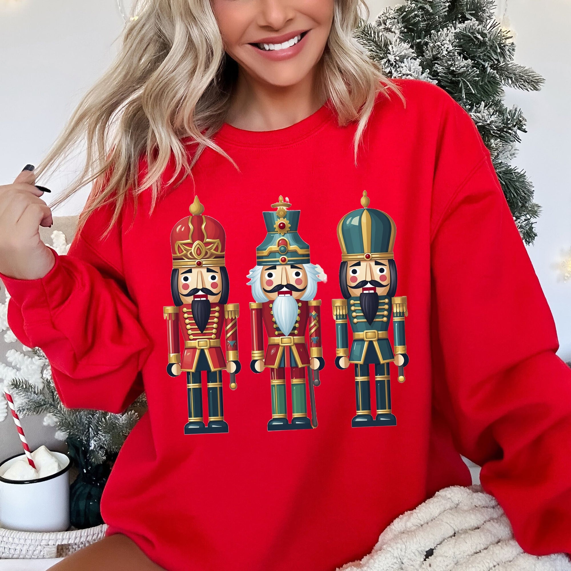 Retro Nutcrackers Classic Colorful Christmas Sweatshirt Cozy Cotton Polyester Blend Warm Fleece Lined