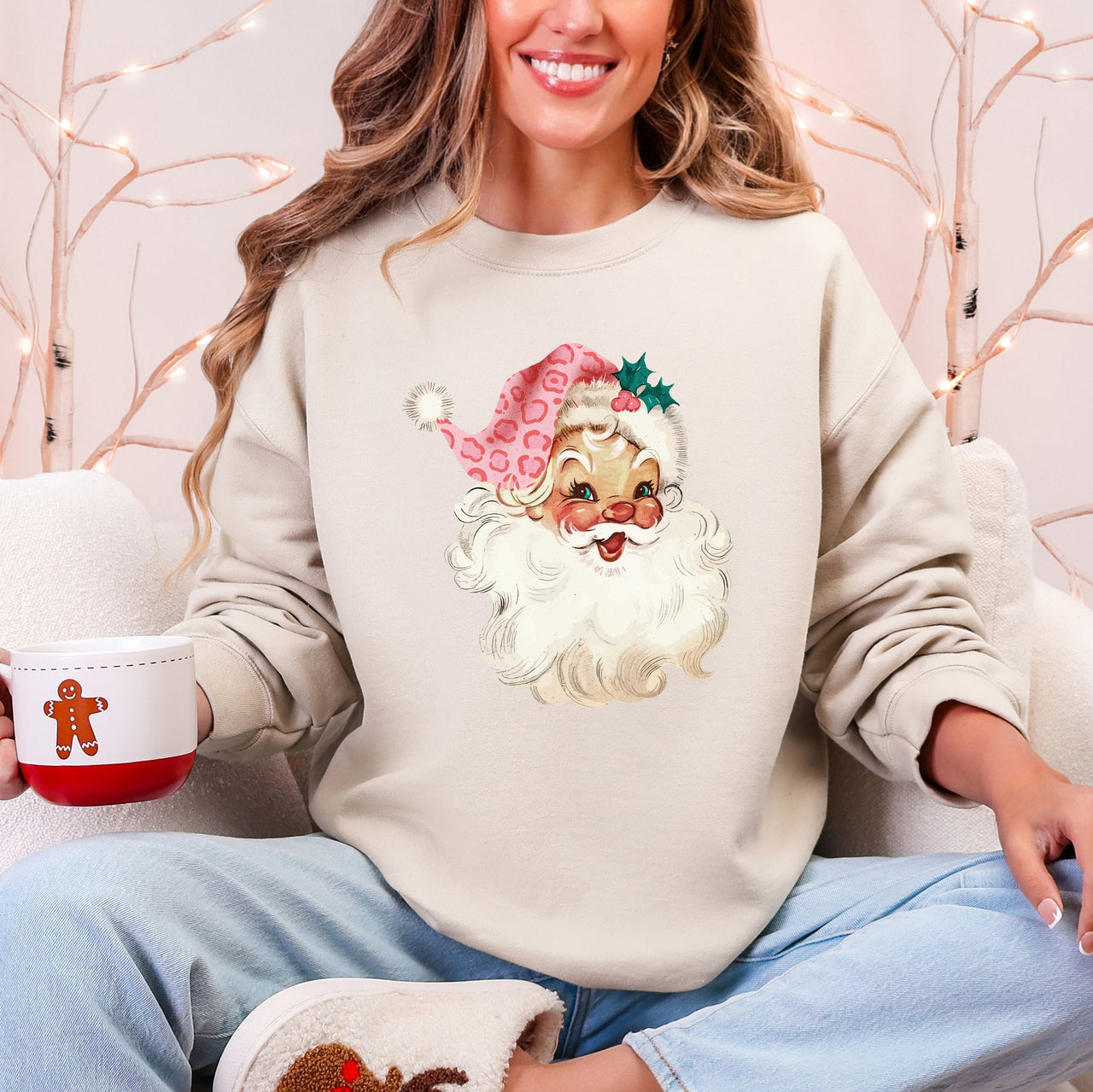 Retro Pink Santa Leopard Cheetah Print Christmas Holiday Graphic Cozy Fleece Jolly Season Sweatshirt