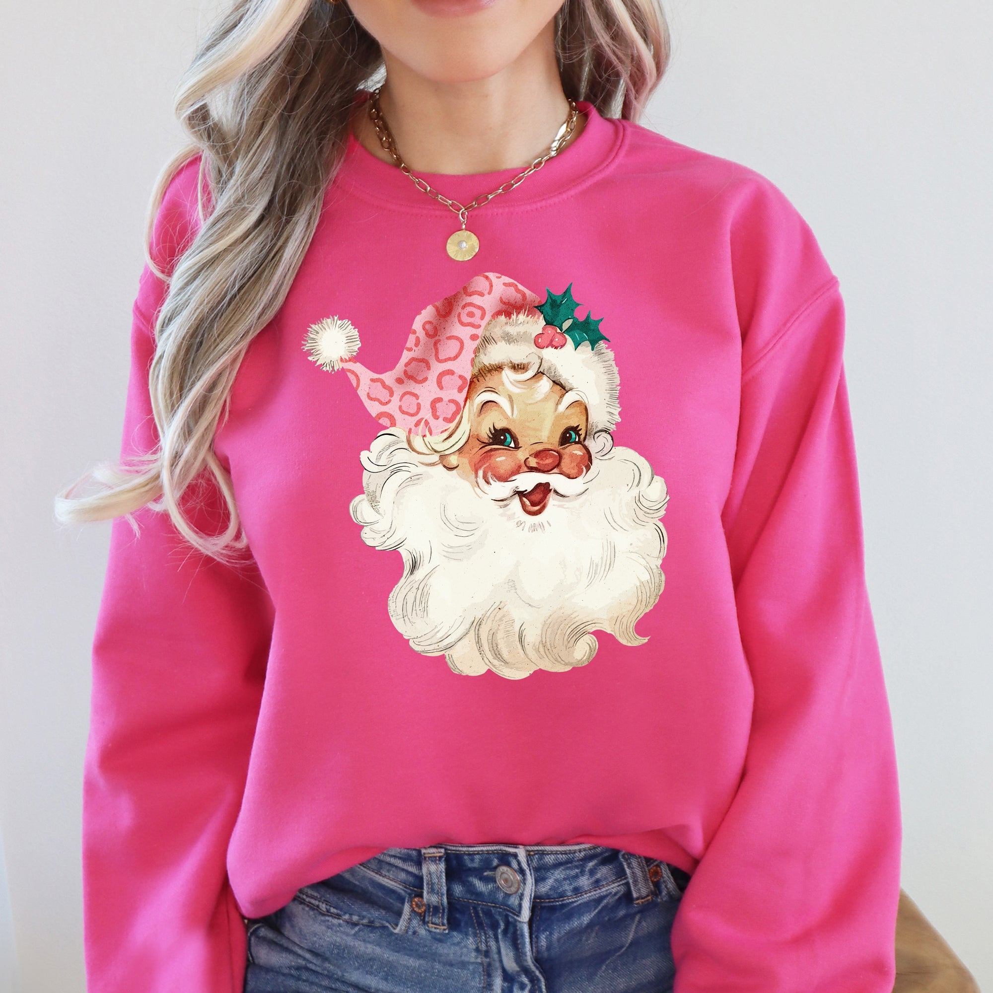 Retro Pink Santa Leopard Cheetah Print Christmas Holiday Graphic Cozy Fleece Jolly Season Sweatshirt