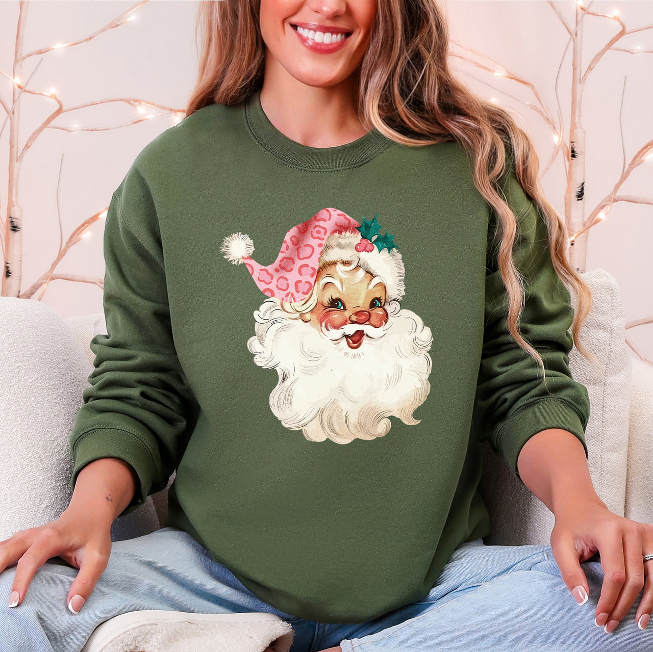 Retro Pink Santa Leopard Cheetah Print Christmas Holiday Graphic Cozy Fleece Jolly Season Sweatshirt
