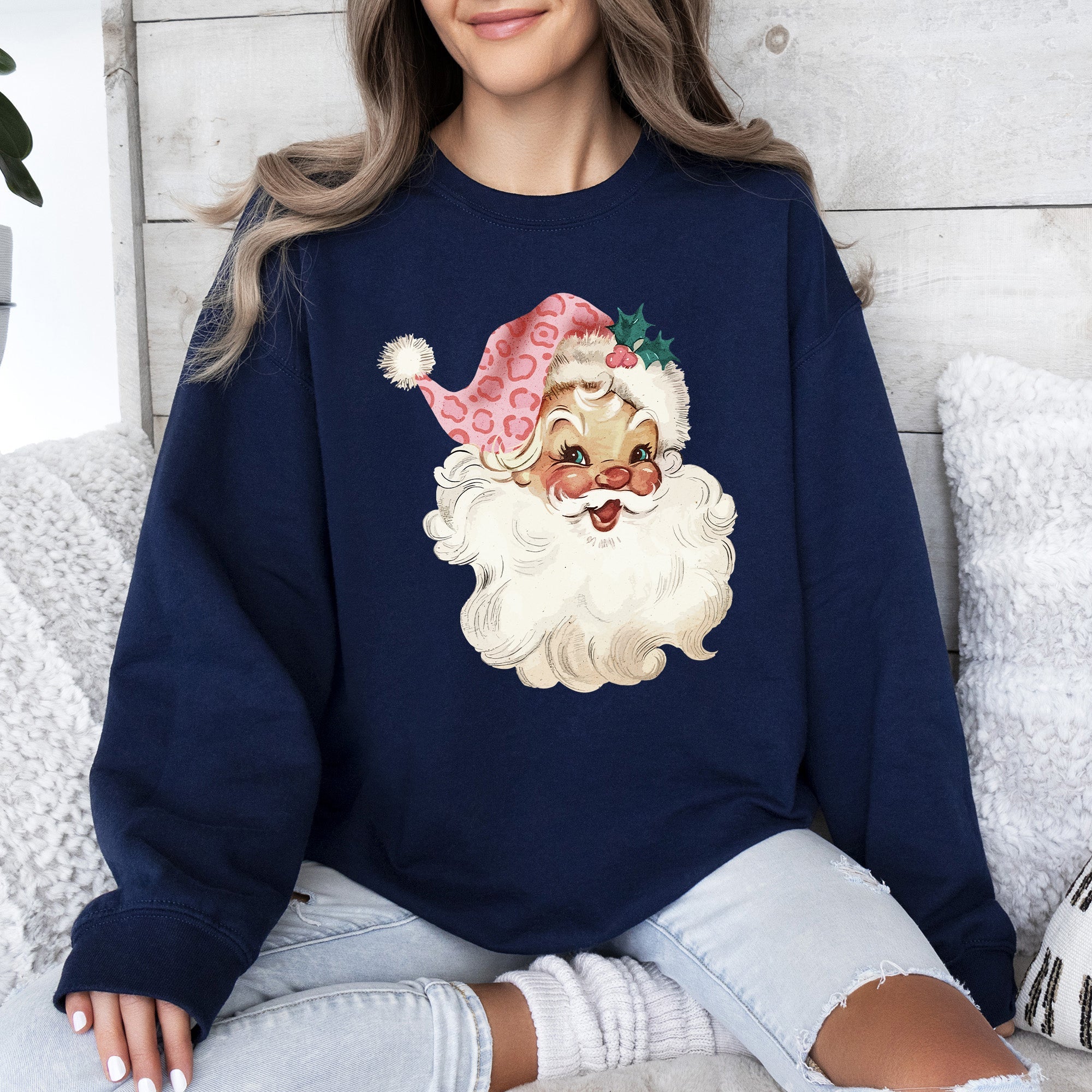 Retro Pink Santa Leopard Cheetah Print Christmas Holiday Graphic Cozy Fleece Jolly Season Sweatshirt