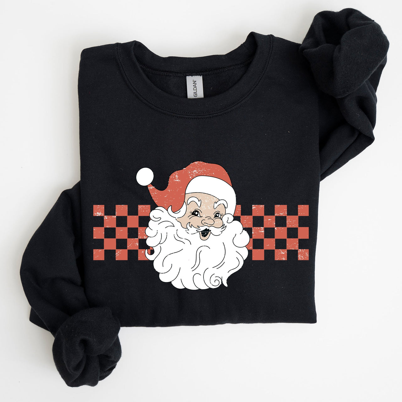Retro Santa Checkered Christmas Pattern Vintage Santa Claus Artwork For Winter Cozy Sweatshirt