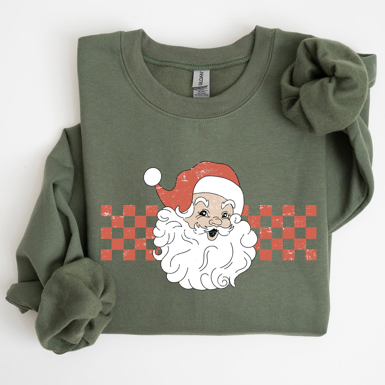 Retro Santa Checkered Christmas Pattern Vintage Santa Claus Artwork For Winter Cozy Sweatshirt