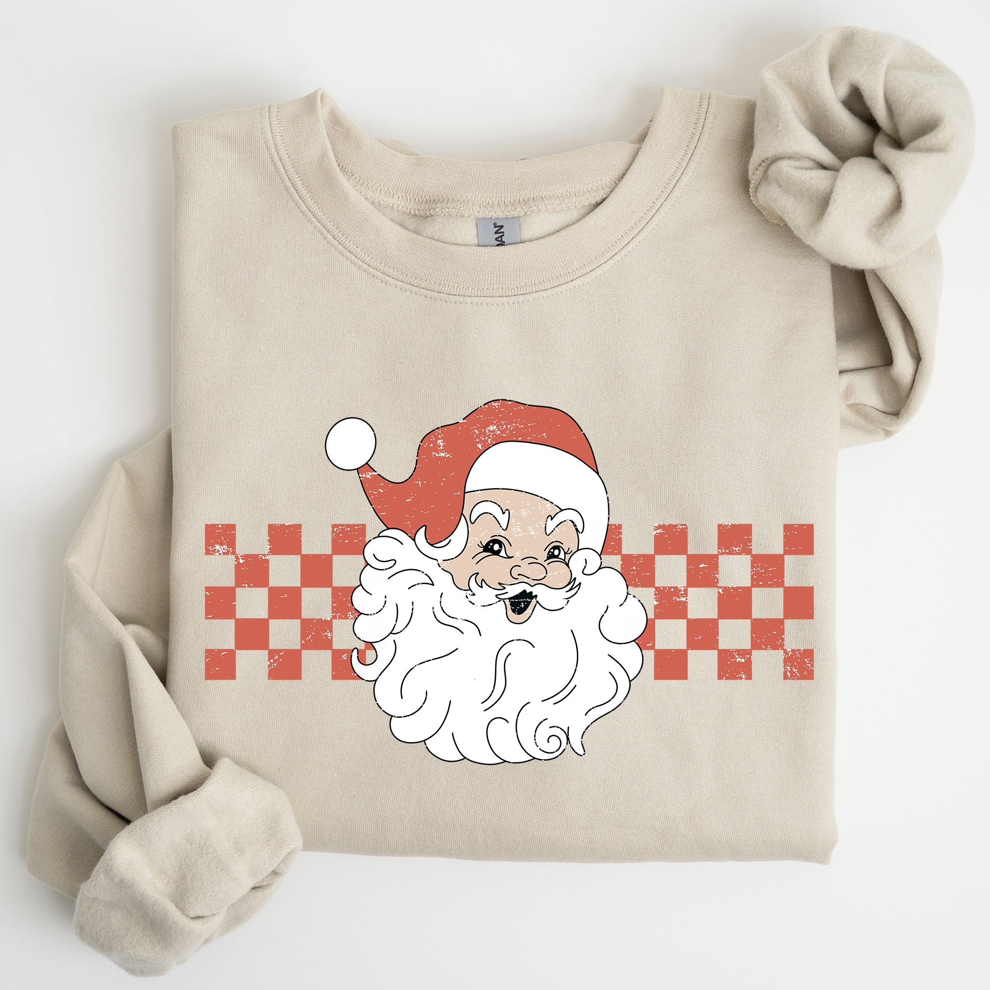 Retro Santa Checkered Christmas Pattern Vintage Santa Claus Artwork For Winter Cozy Sweatshirt