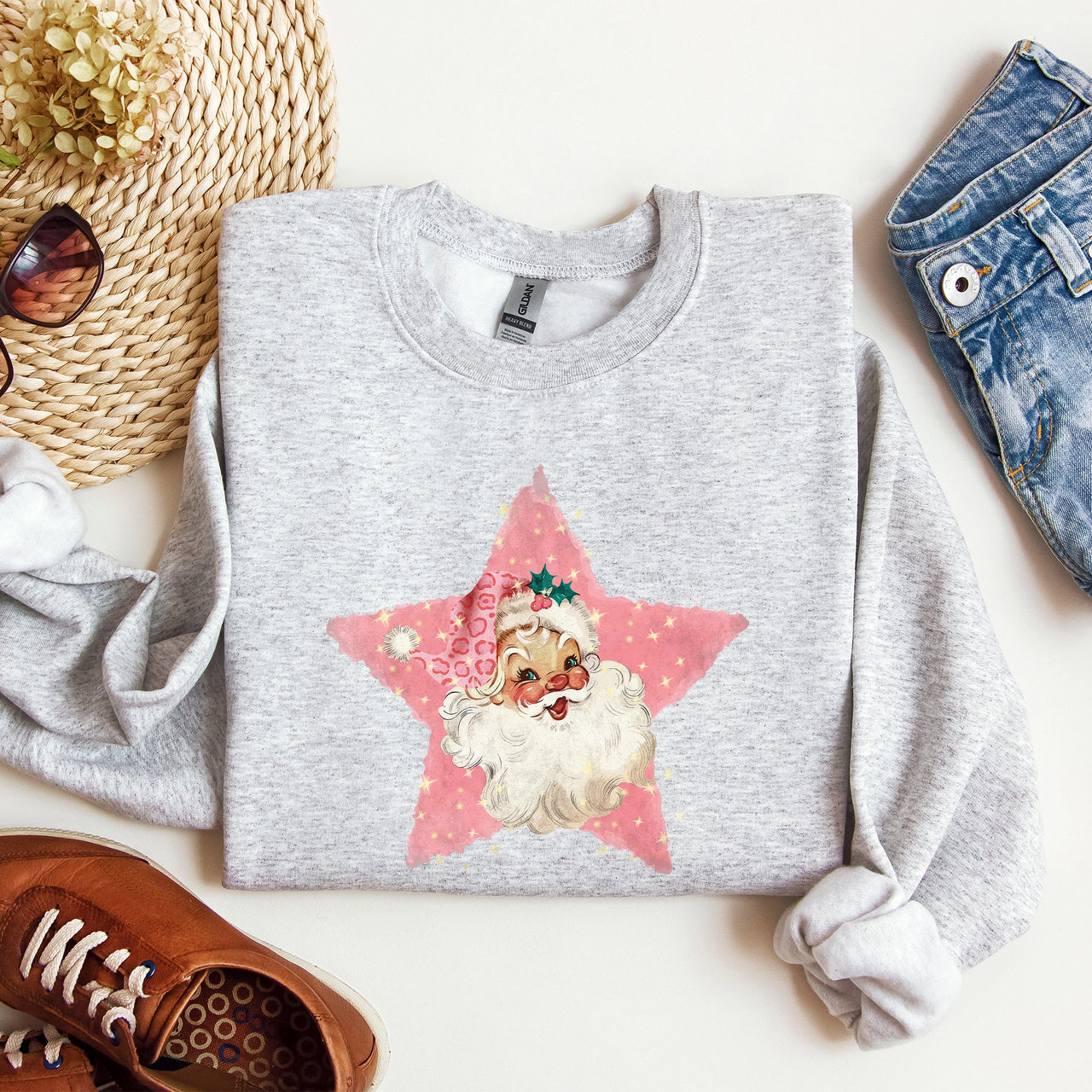 Retro Santa Pink Star Christmas Winter Xmas Holiday Collection Limited Edition Sweatshirt