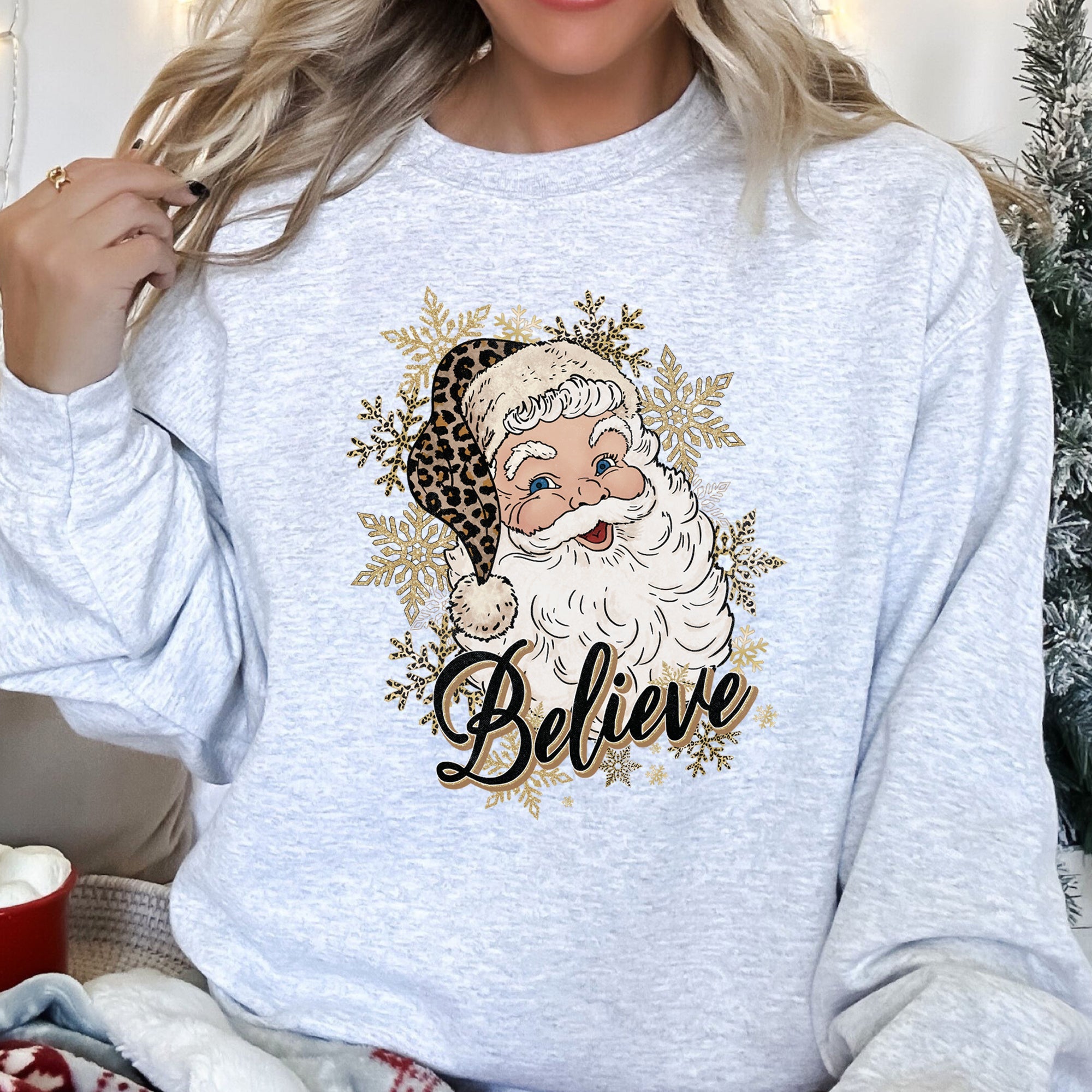 Retro Santa Believe Christmas Leopard Print Cozy Fleece Festive Classic Warm Holiday Sweatshirt