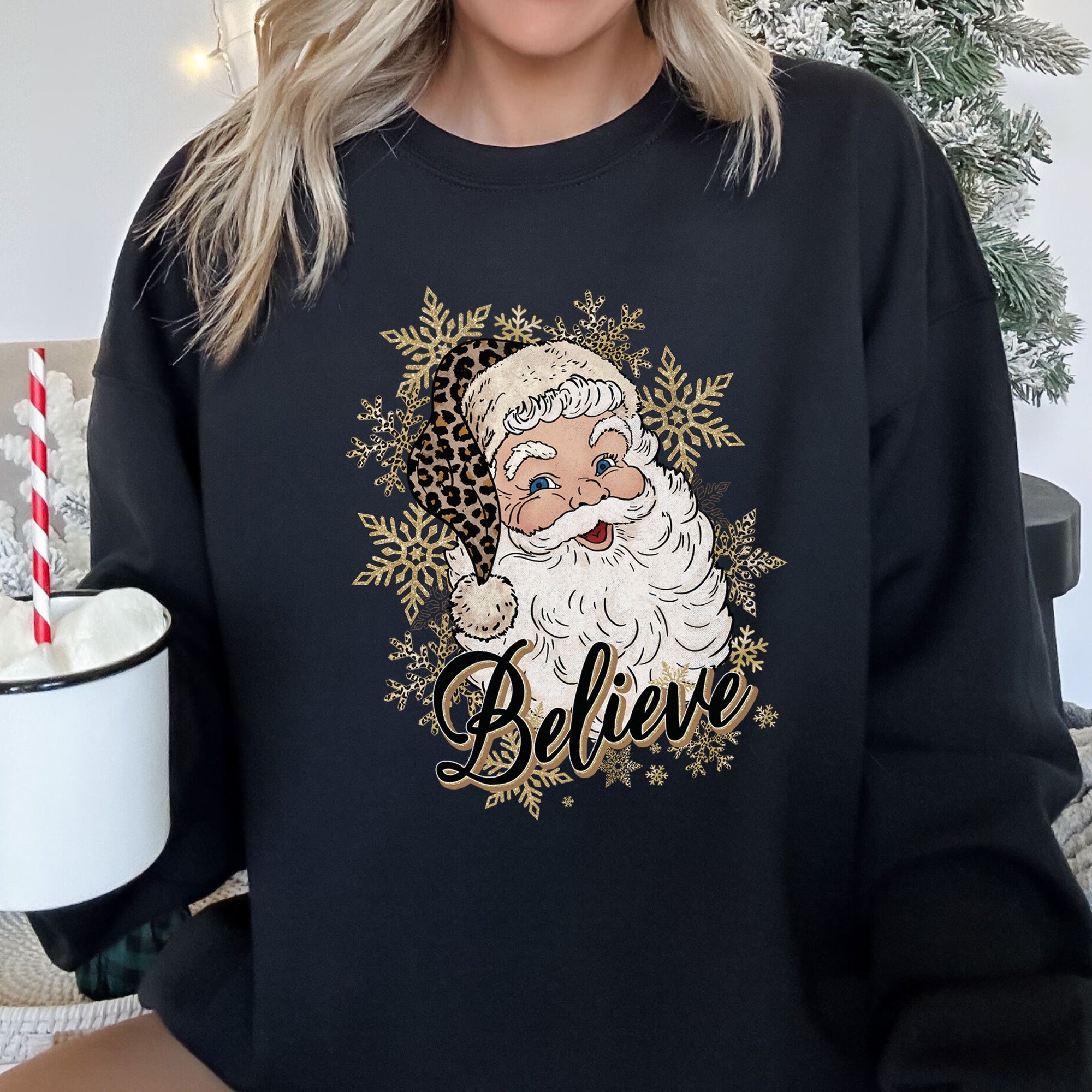 Retro Santa Believe Christmas Leopard Print Cozy Fleece Festive Classic Warm Holiday Sweatshirt