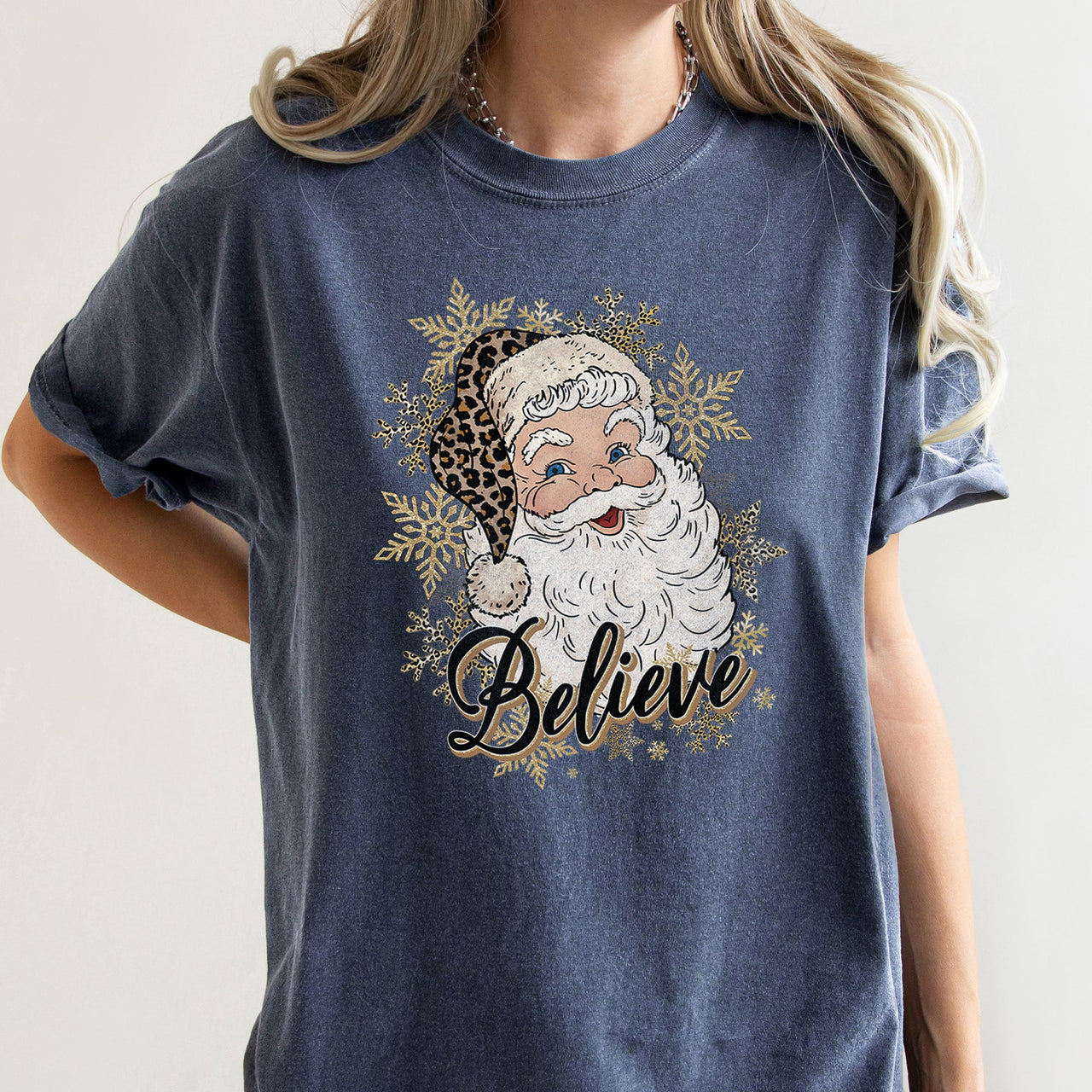 Retro Santa Believe Christmas Leopard Print Holiday Design Edition Comfort Colors Tee