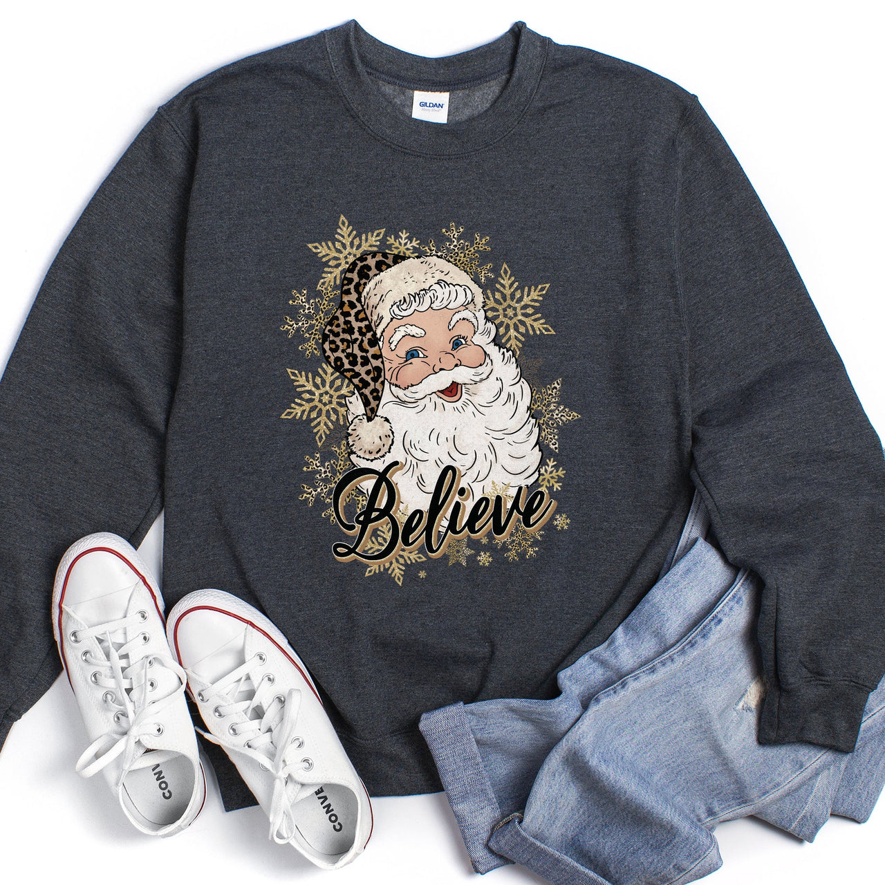 Retro Santa Believe Christmas Leopard Print Cozy Fleece Festive Classic Warm Holiday Sweatshirt