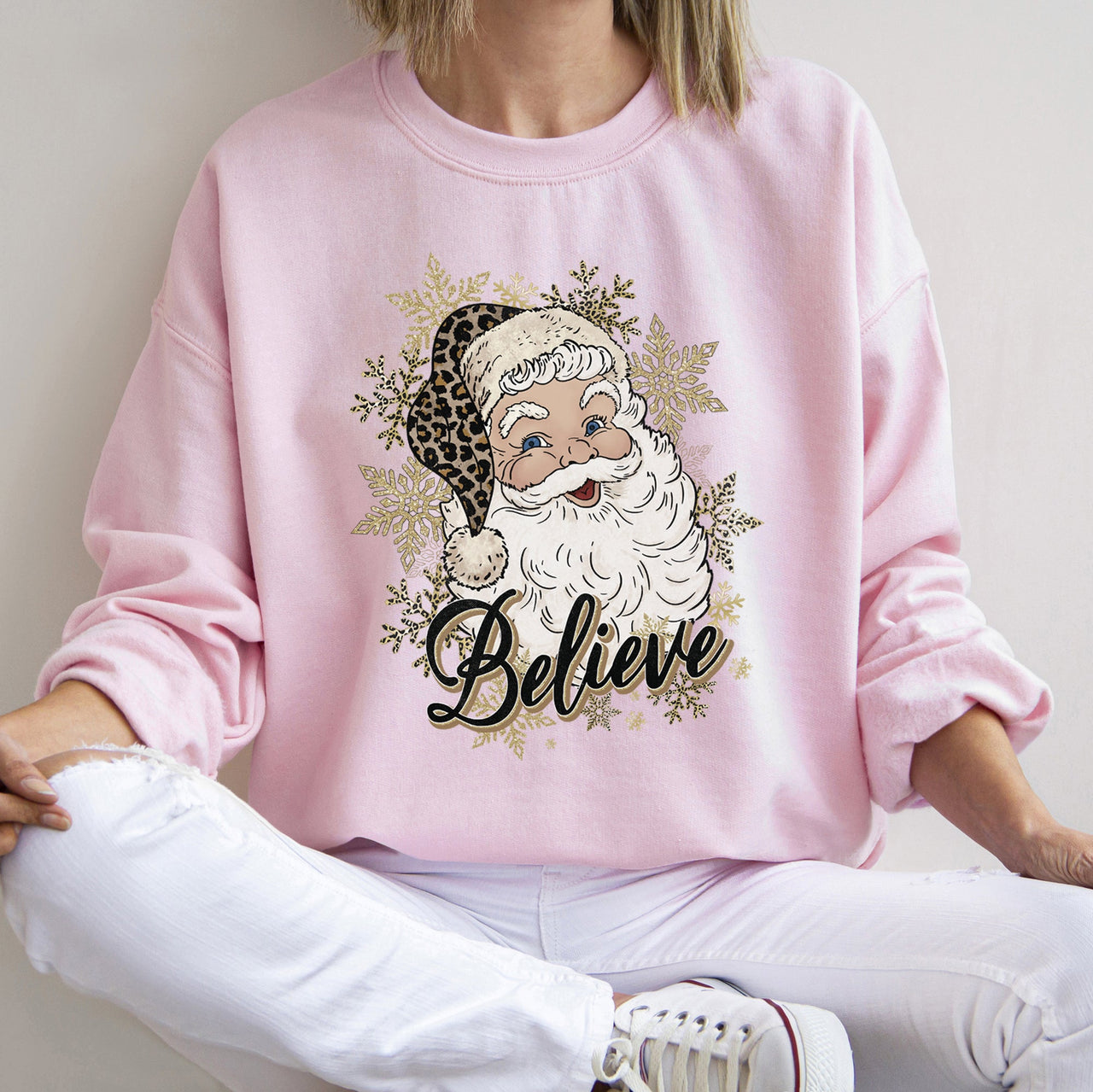 Retro Santa Believe Christmas Leopard Print Cozy Fleece Festive Classic Warm Holiday Sweatshirt