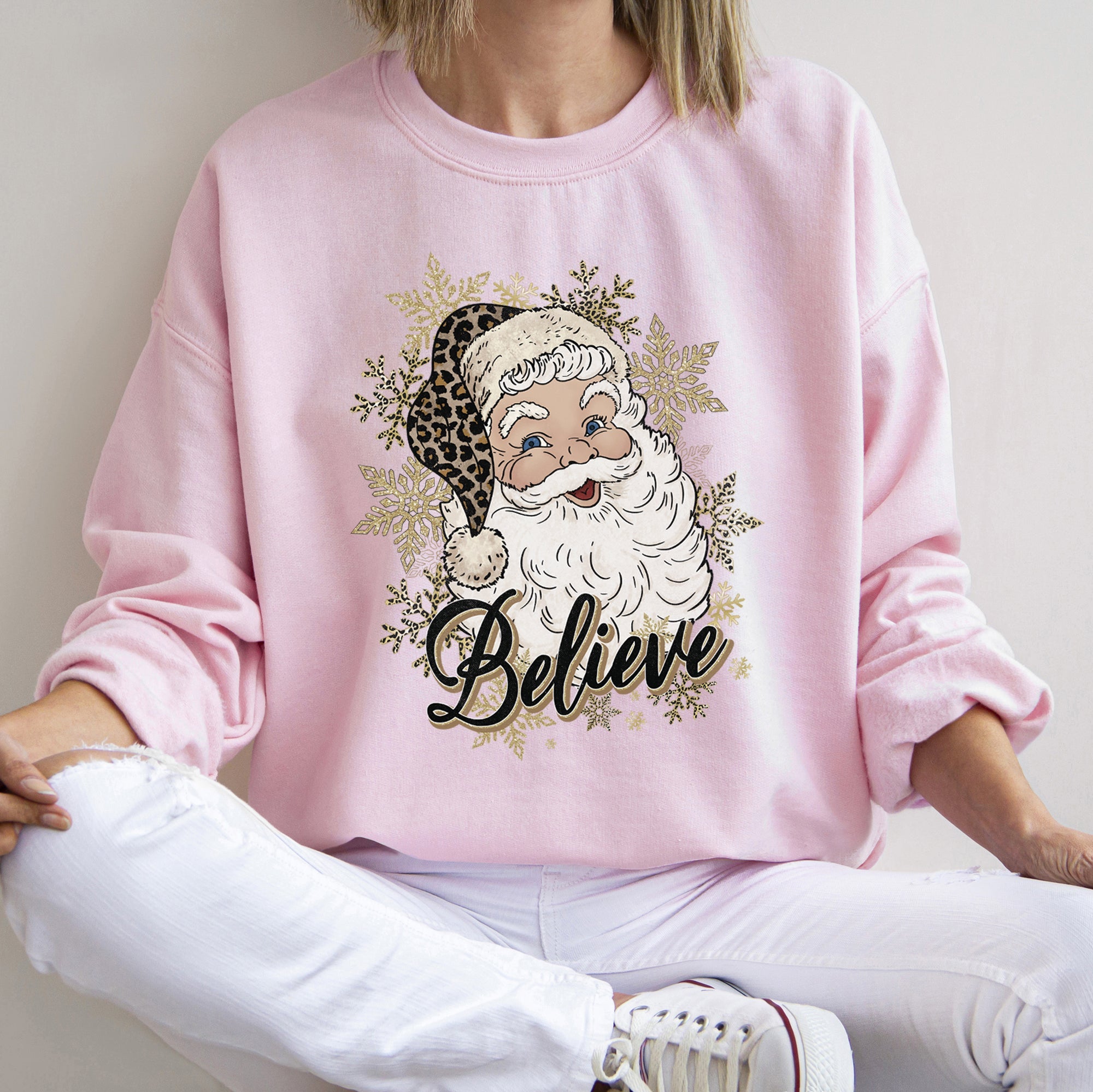 Retro Santa Believe Christmas Leopard Print Cozy Fleece Festive Classic Warm Holiday Sweatshirt