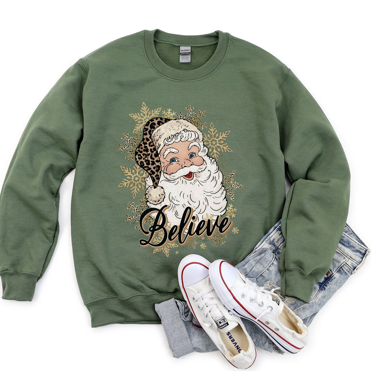 Retro Santa Believe Christmas Leopard Print Cozy Fleece Festive Classic Warm Holiday Sweatshirt