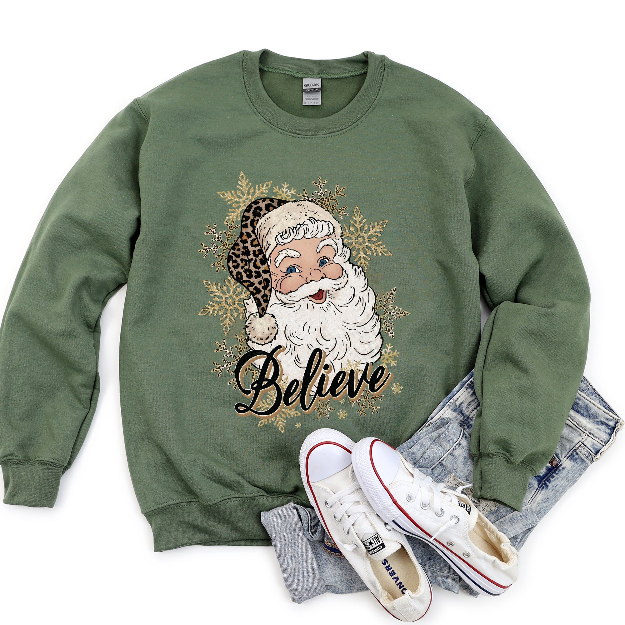 Retro Santa Believe Christmas Leopard Print Cozy Fleece Festive Classic Warm Holiday Sweatshirt