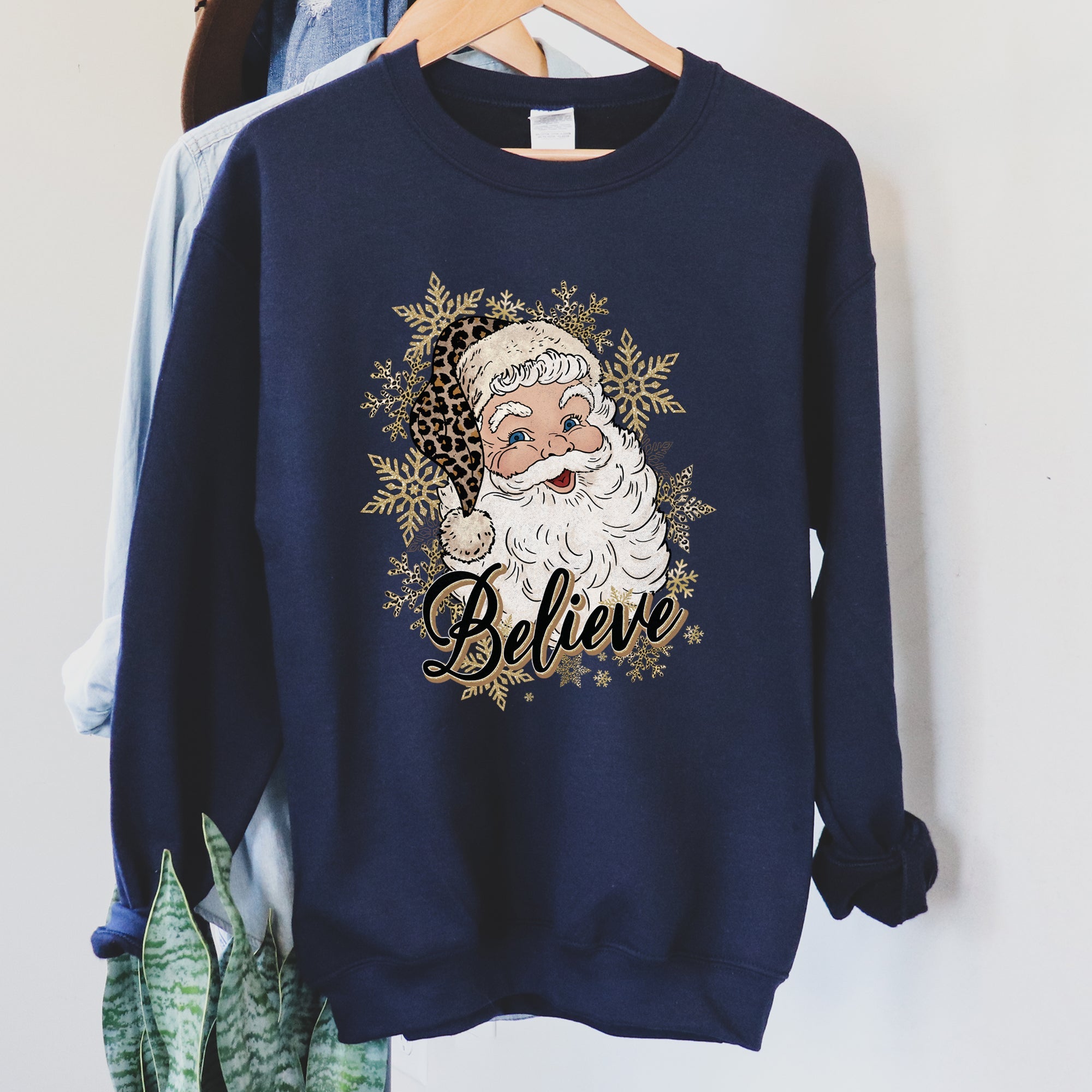 Retro Santa Believe Christmas Leopard Print Cozy Fleece Festive Classic Warm Holiday Sweatshirt