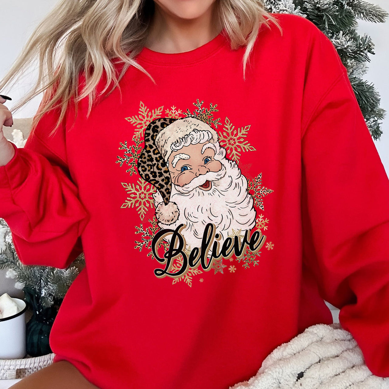 Retro Santa Believe Christmas Leopard Print Cozy Fleece Festive Classic Warm Holiday Sweatshirt
