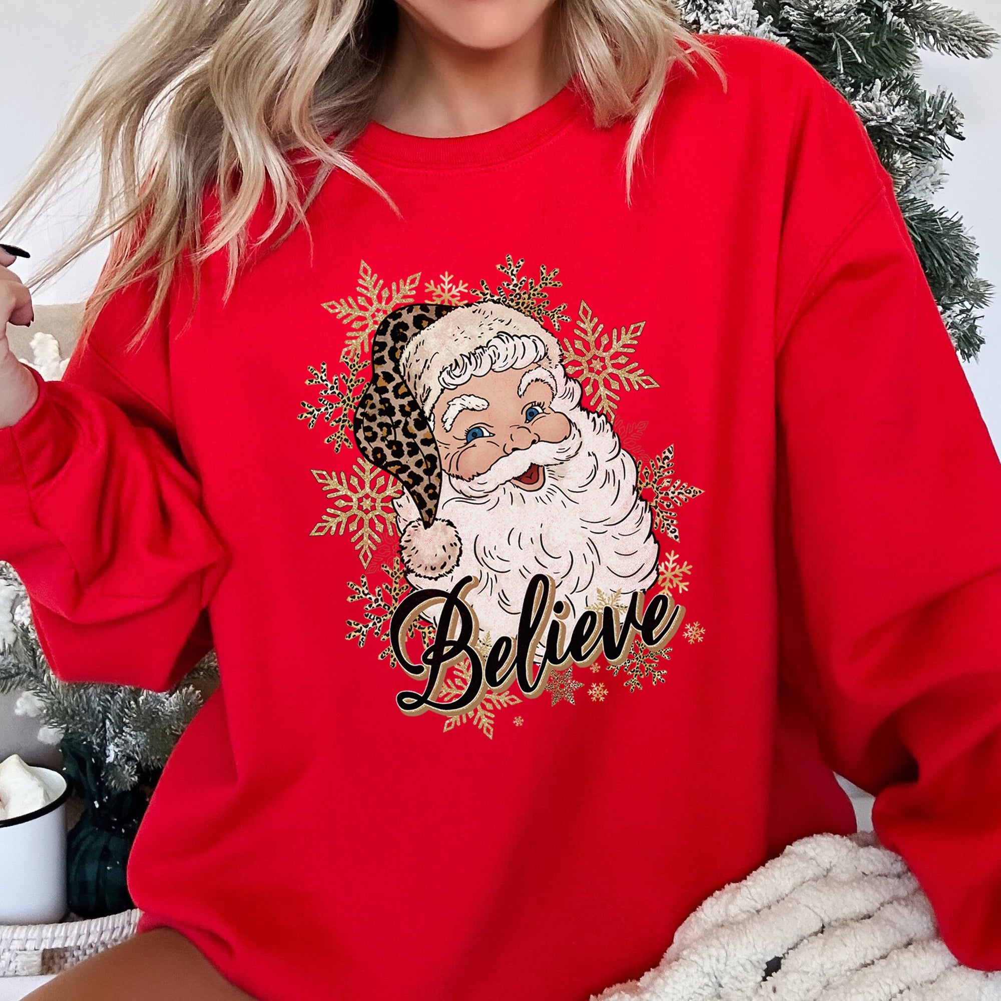 Retro Santa Believe Christmas Leopard Print Cozy Fleece Festive Classic Warm Holiday Sweatshirt