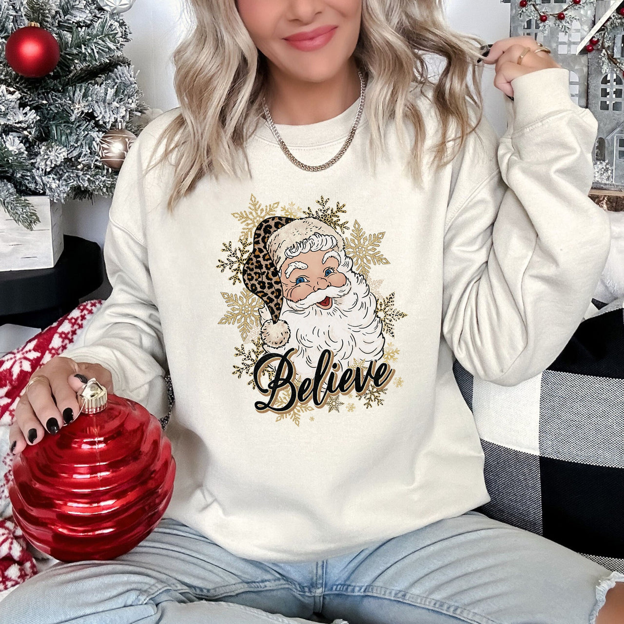 Retro Santa Believe Christmas Leopard Print Cozy Fleece Festive Classic Warm Holiday Sweatshirt