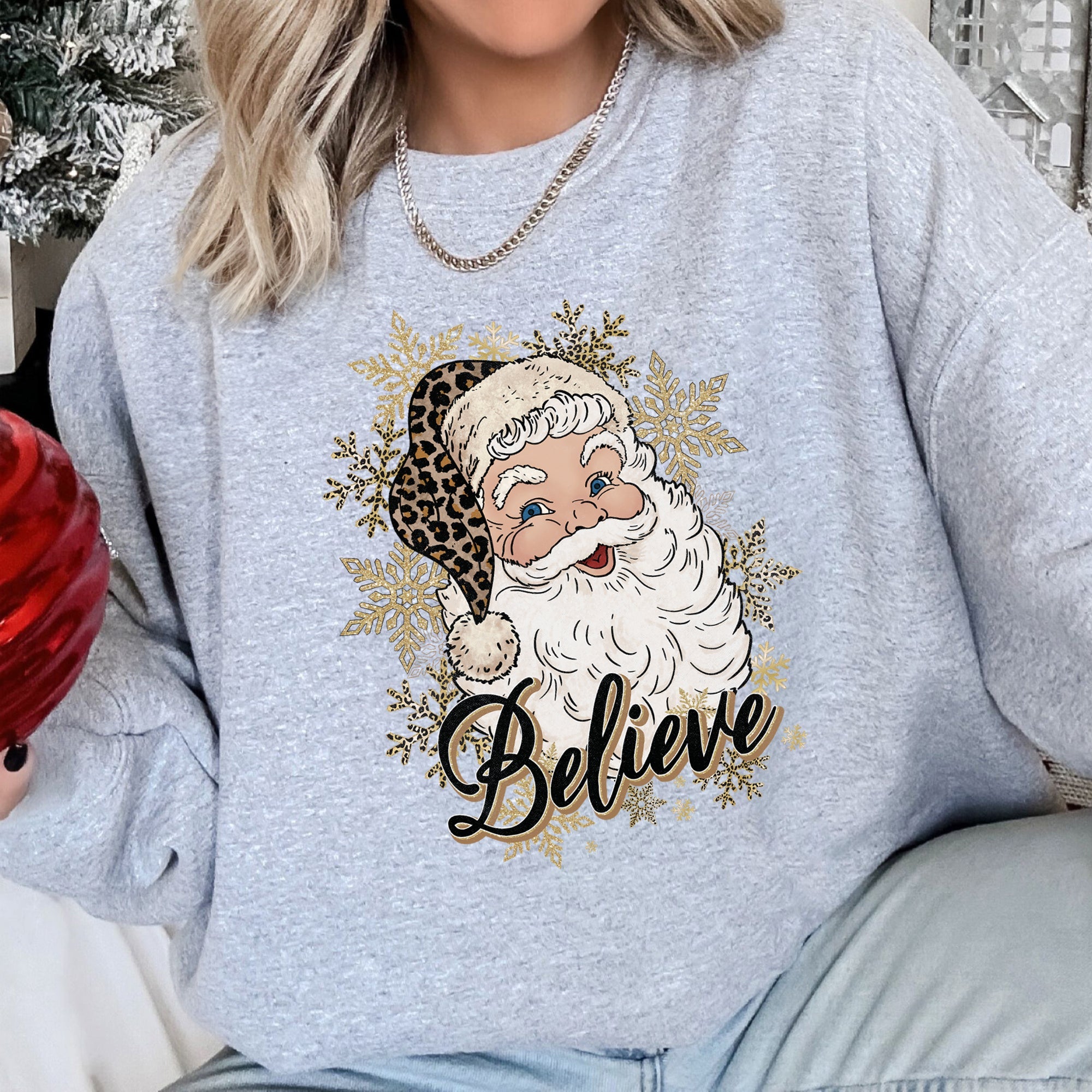 Retro Santa Believe Christmas Leopard Print Cozy Fleece Festive Classic Warm Holiday Sweatshirt
