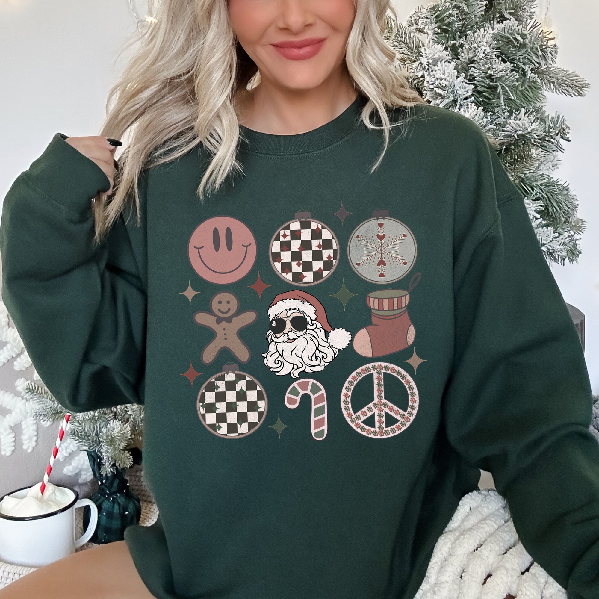 Retro Santa Christmas Peace Snowflake Cozy Fleece Winter Holiday Festive Sweatshirt