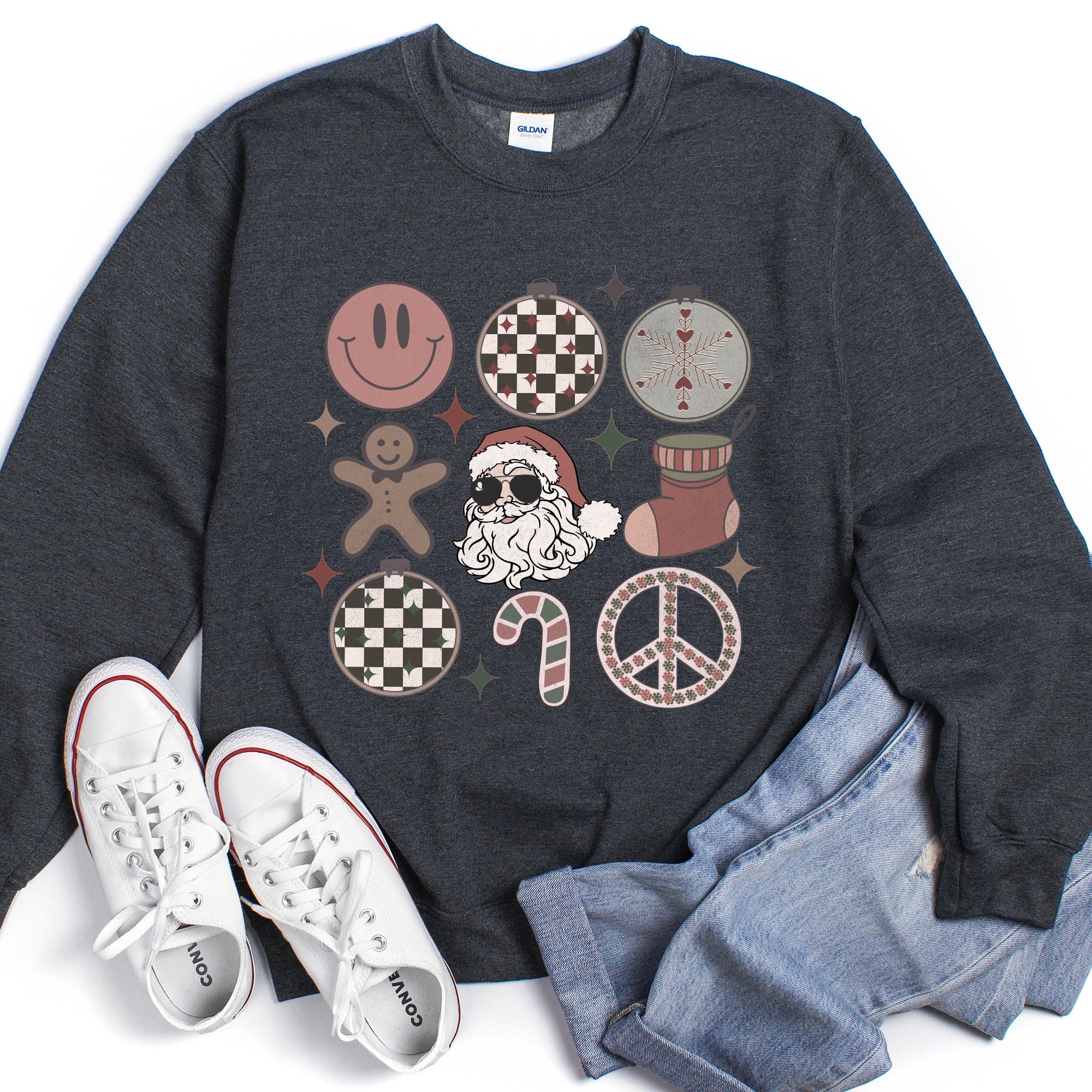 Retro Santa Christmas Peace Snowflake Cozy Fleece Winter Holiday Festive Sweatshirt