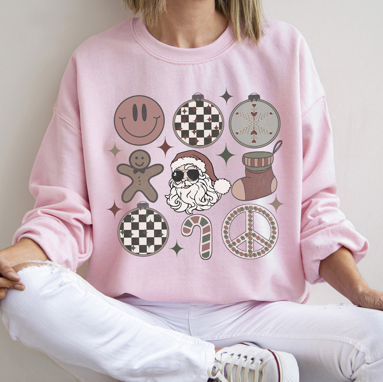 Retro Santa Christmas Peace Snowflake Cozy Fleece Winter Holiday Festive Sweatshirt