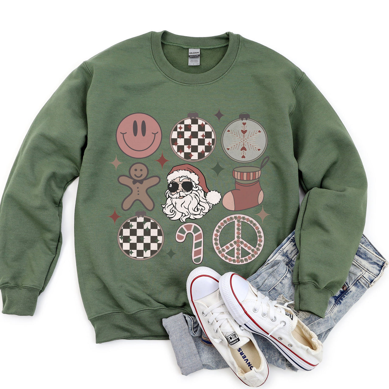 Retro Santa Christmas Peace Snowflake Cozy Fleece Winter Holiday Festive Sweatshirt