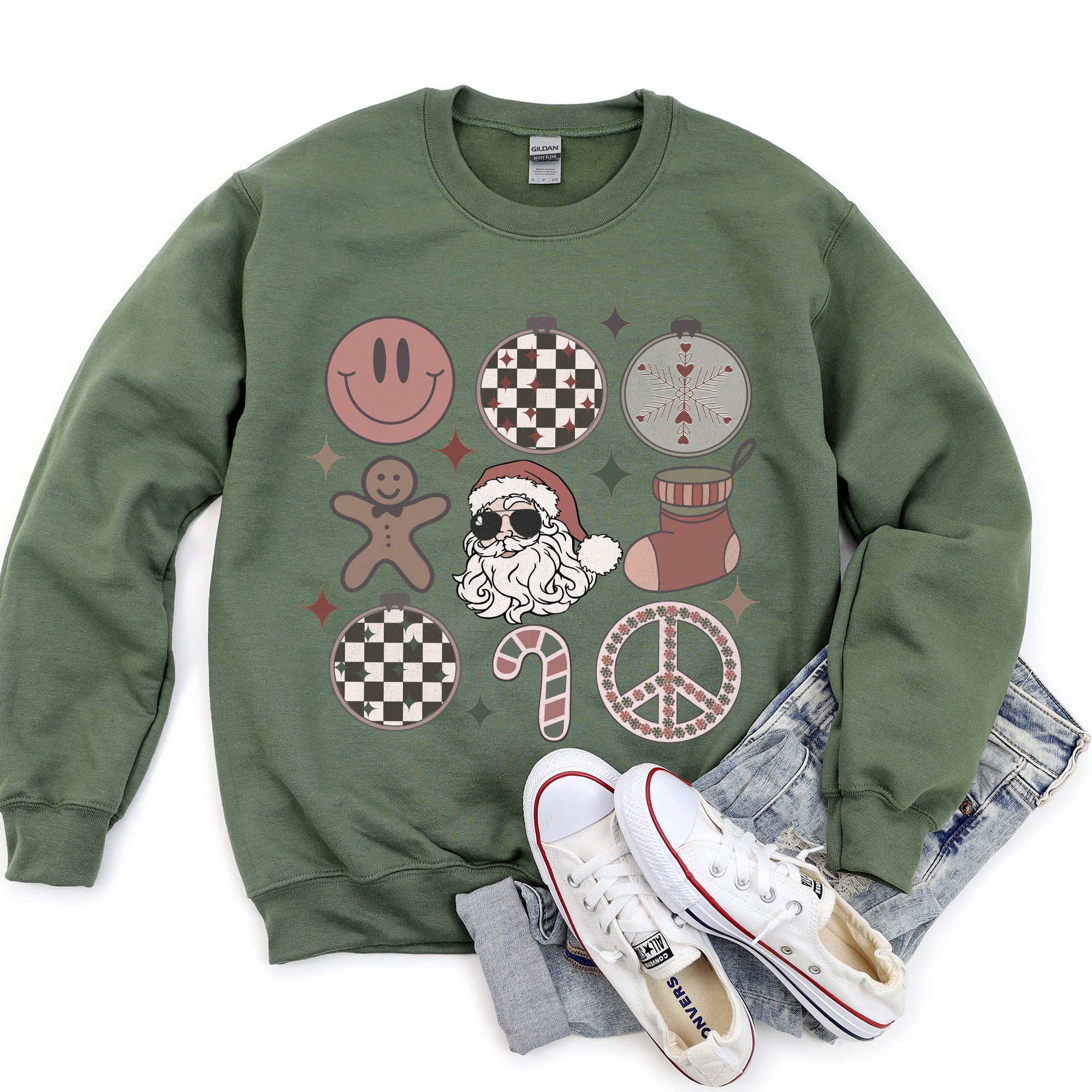 Retro Santa Christmas Peace Snowflake Cozy Fleece Winter Holiday Festive Sweatshirt