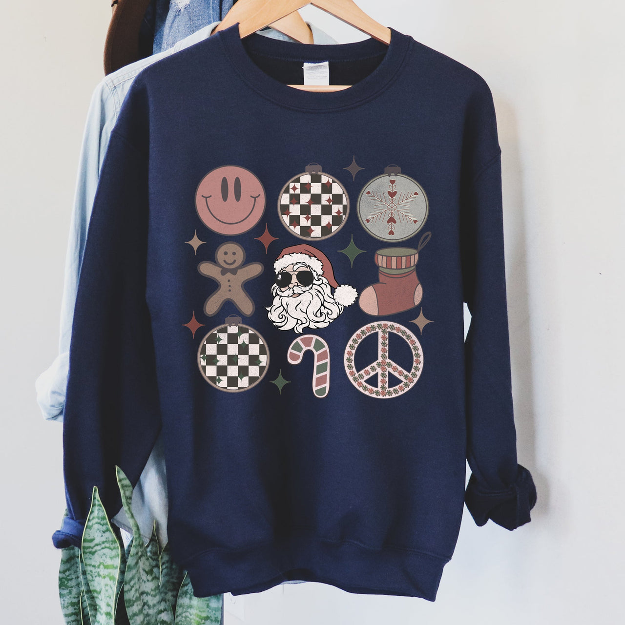 Retro Santa Christmas Peace Snowflake Cozy Fleece Winter Holiday Festive Sweatshirt